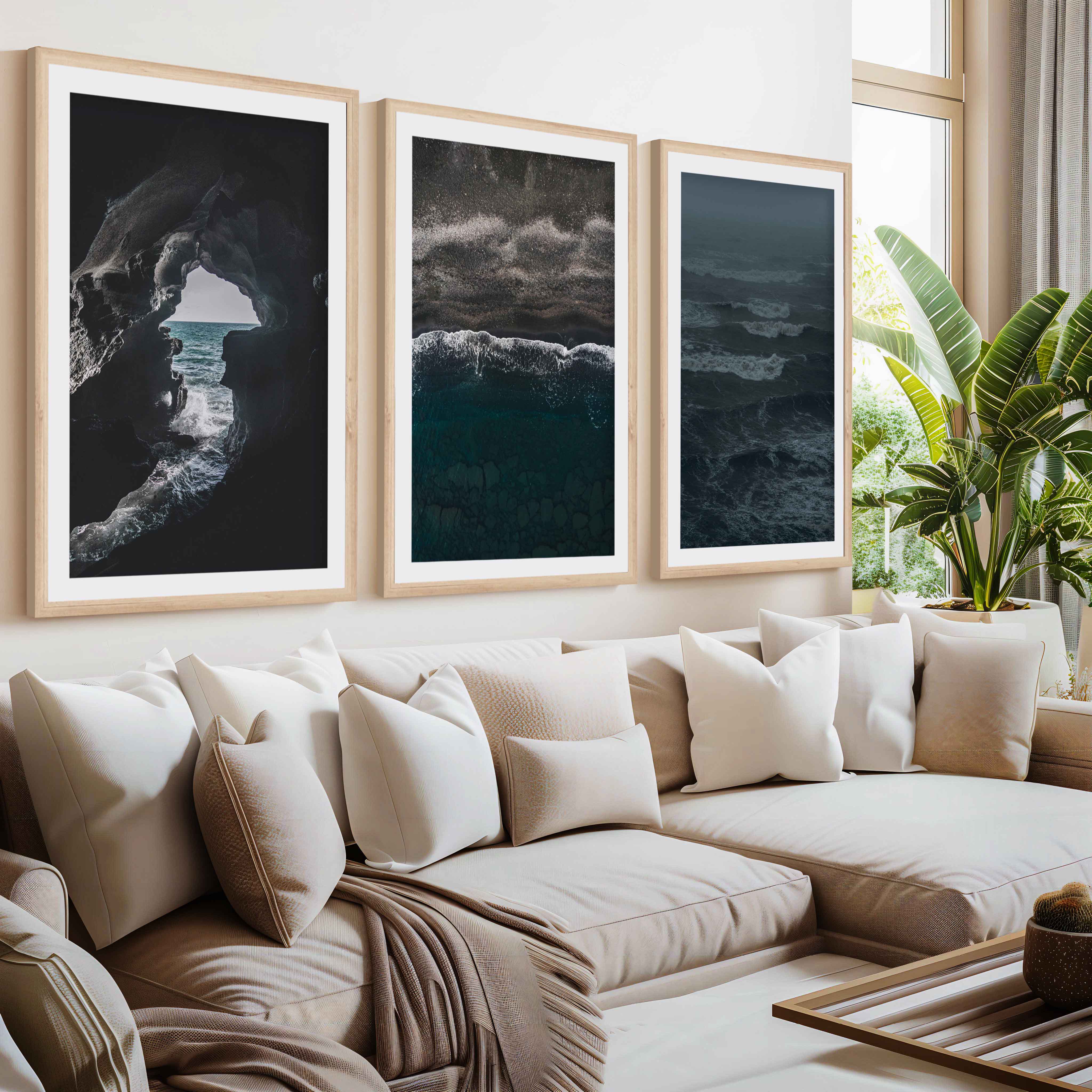 Coastal Beach Prints – Ocean Cave, Black Sand & Stormy Sea (3 Pieces)- Natural Wood Framed Poster with White Border - Artworksets