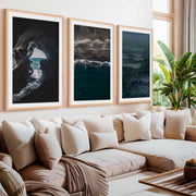 Coastal Beach Prints – Ocean Cave, Black Sand & Stormy Sea (3 Pieces)- Natural Wood Framed Poster with White Border - Artworksets