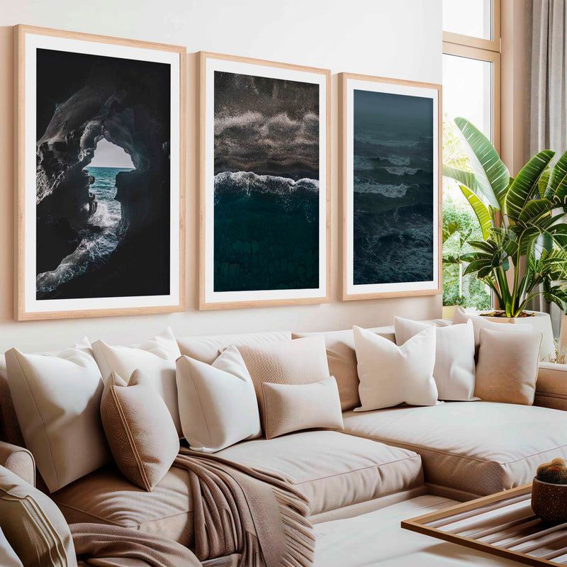 Coastal Beach Prints – Ocean Cave, Black Sand & Stormy Sea (3 Pieces)- Natural Wood Framed Poster with White Border - Artworksets