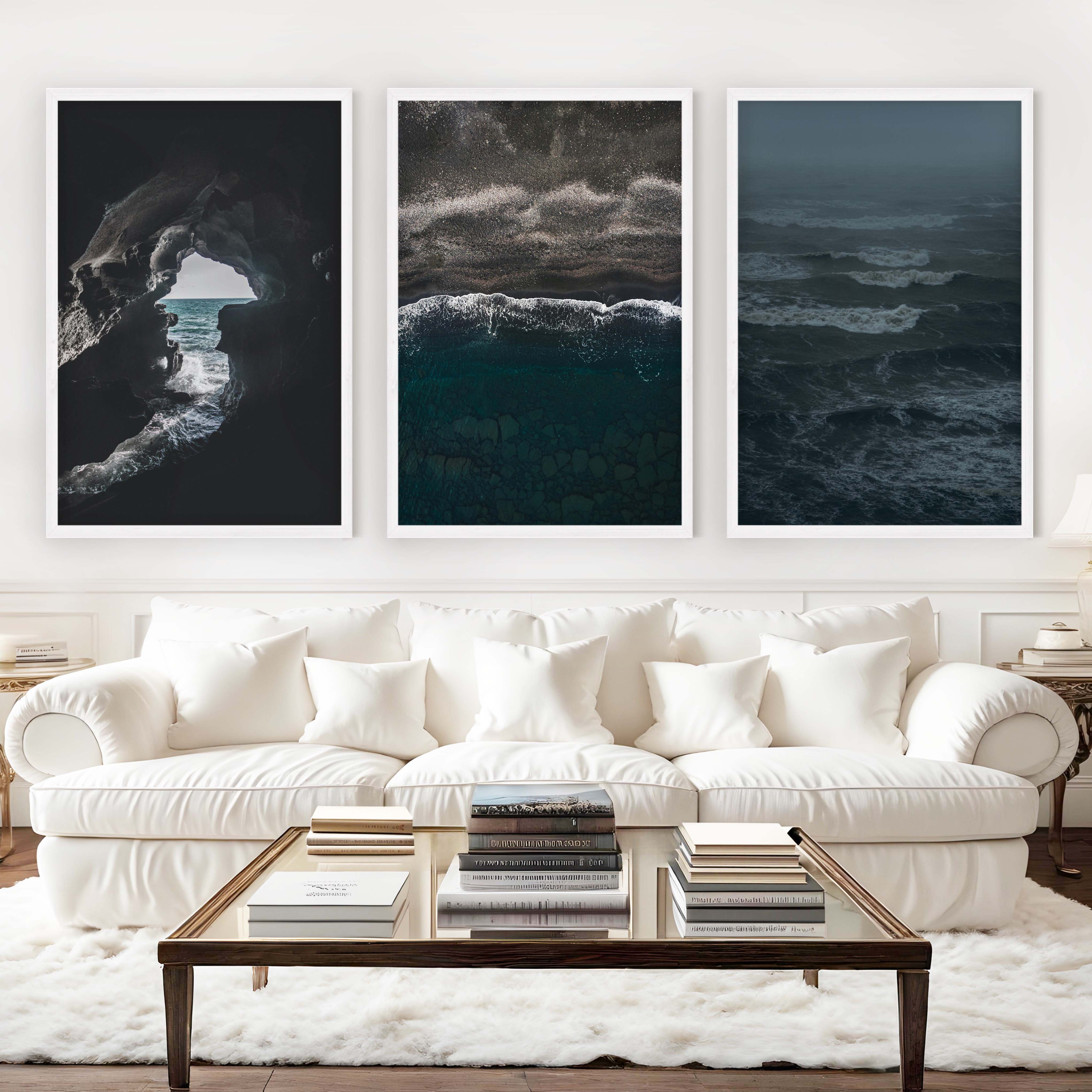 Coastal Beach Prints – Ocean Cave, Black Sand & Stormy Sea (3 Pieces) - White Framed Poster No Border - Artworksets