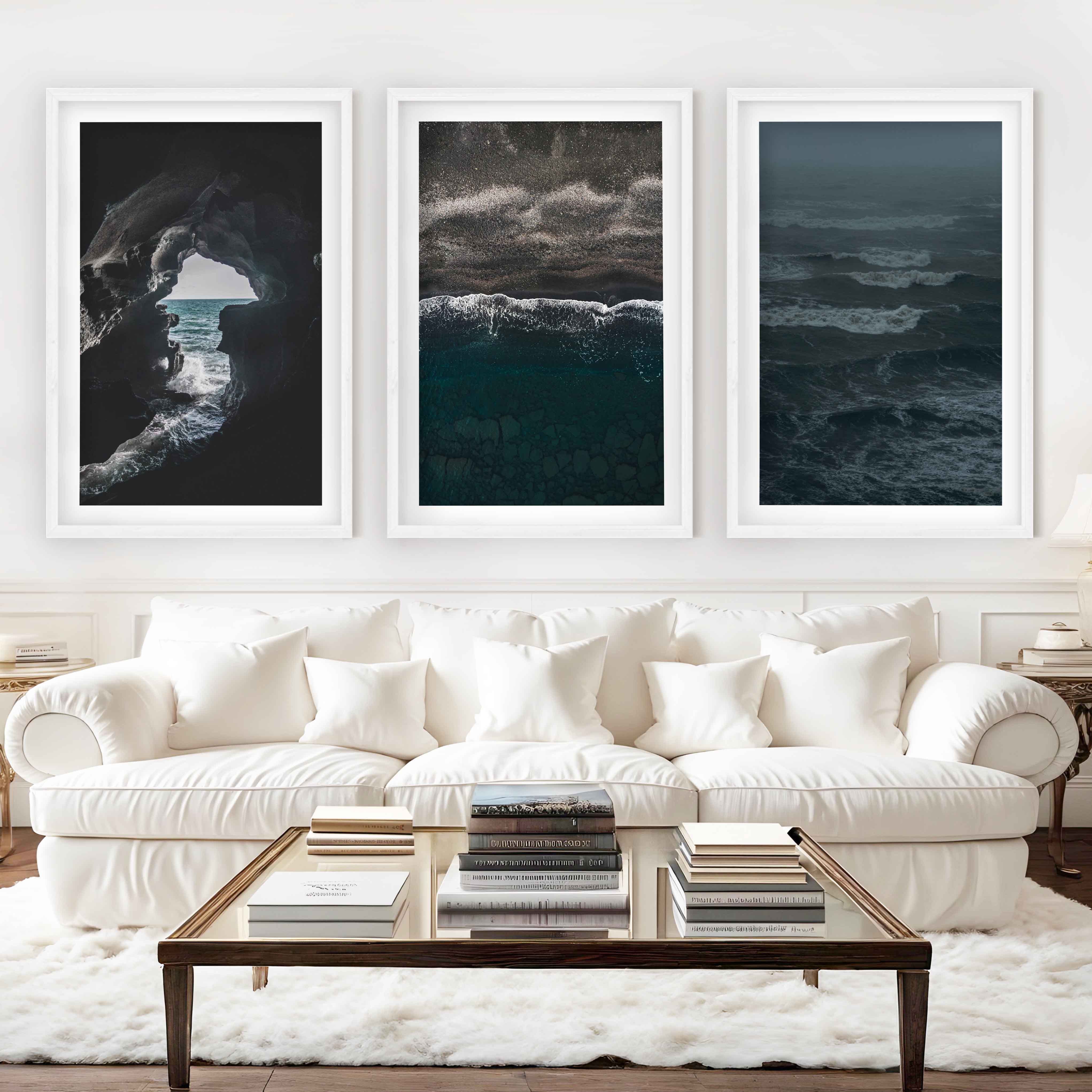 Coastal Beach Prints – Ocean Cave, Black Sand & Stormy Sea (3 Pieces) - White Framed Poster with White Border - Artworksets