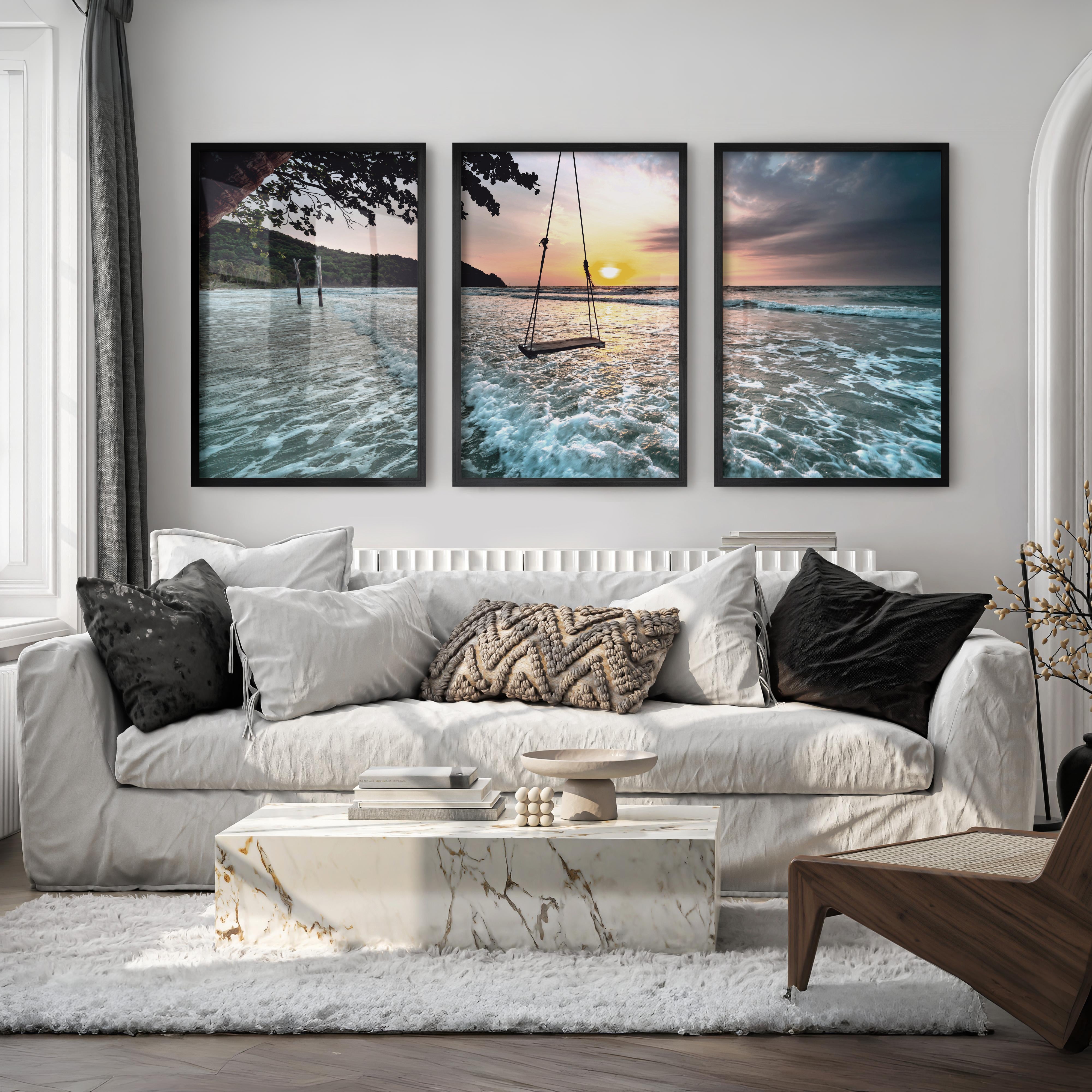 Sunset Beach Swing Coastal Beach Prints - Black Framed Poster No Border - Artworksets