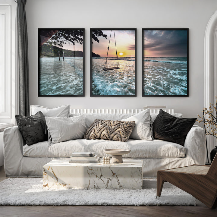 Sunset Beach Swing Coastal Beach Prints - Black Framed Poster No Border - Artworksets