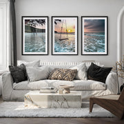 Sunset Beach Swing Coastal Beach Prints - Black Framed Poster with White Border - Artworksets