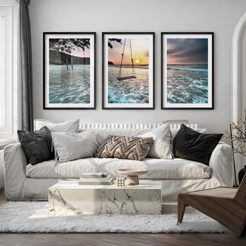 Sunset Beach Swing Coastal Beach Prints - Black Framed Poster with White Border - Artworksets