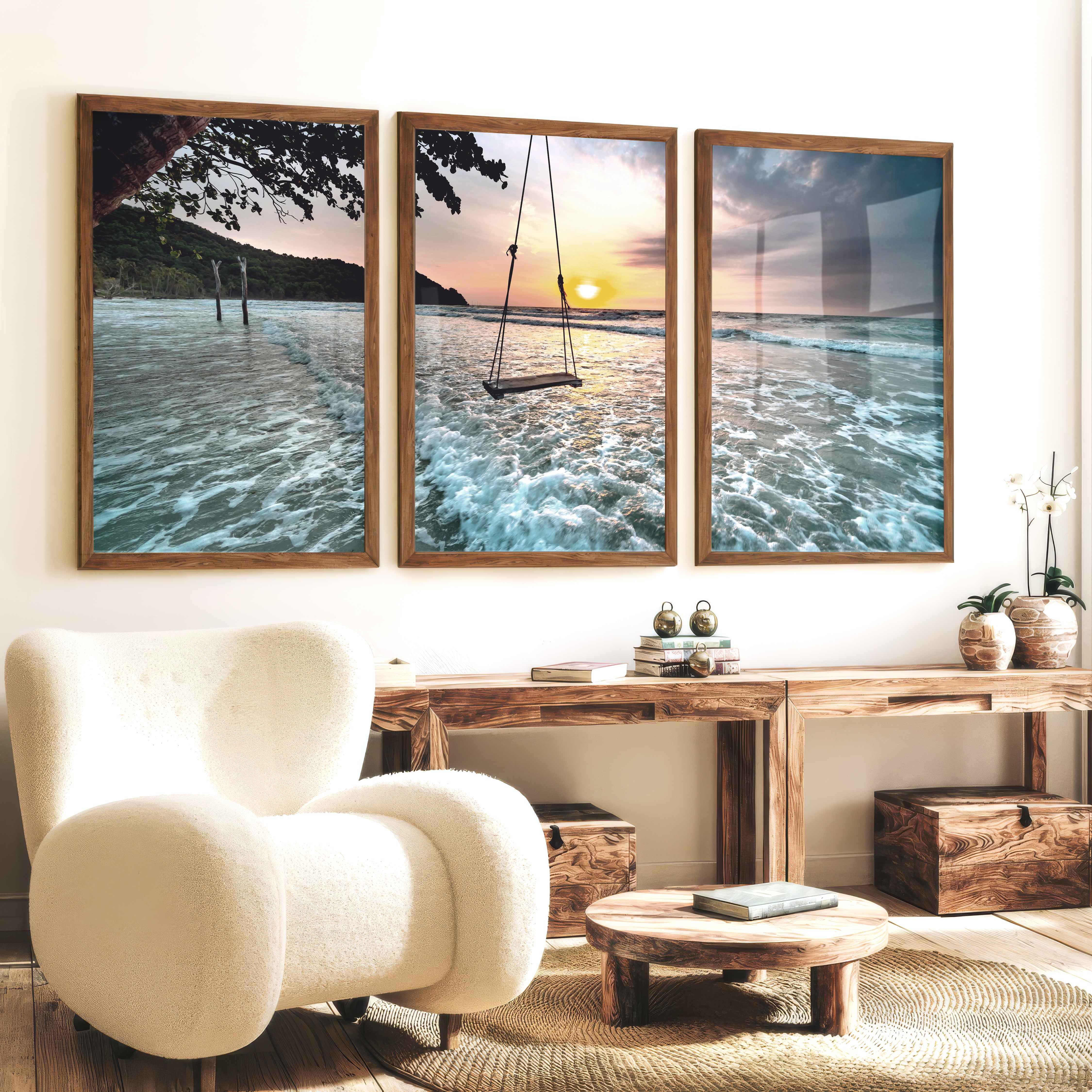 Sunset Beach Swing Coastal Beach Prints - Dark Brown Framed Poster No Border - Artworksets
