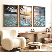 Sunset Beach Swing Coastal Beach Prints - Dark Brown Framed Poster No Border - Artworksets