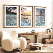 Sunset Beach Swing Coastal Beach Prints - Dark Brown Framed Poster with White Border - Artworksets