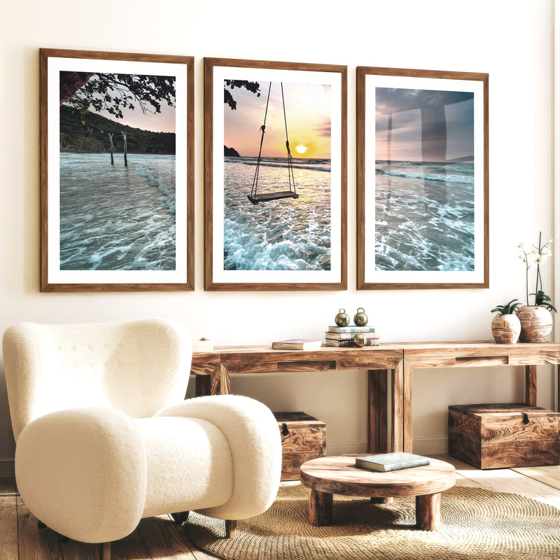 Sunset Beach Swing Coastal Beach Prints - Dark Brown Framed Poster with White Border - Artworksets