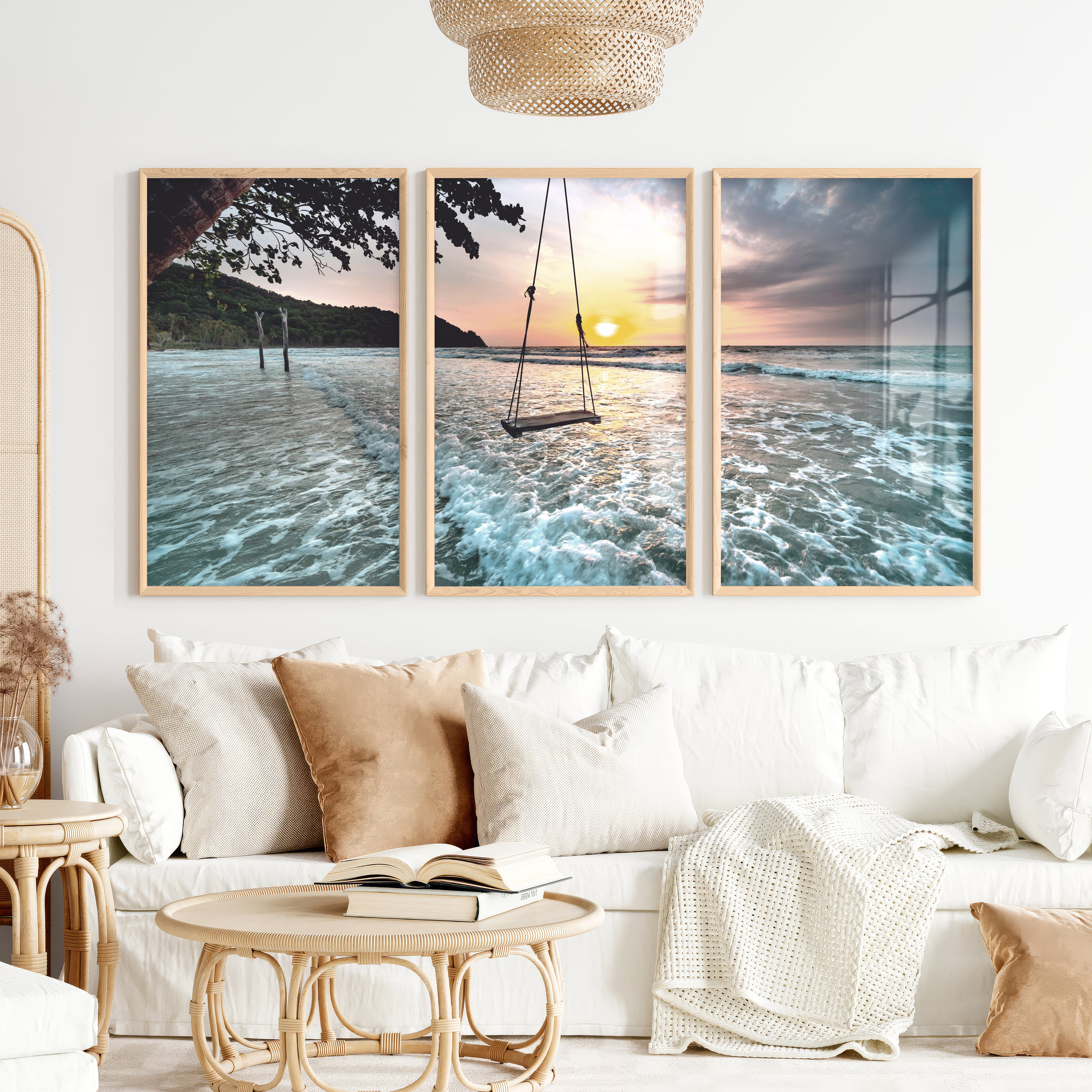 Sunset Beach Swing Coastal Beach Prints - Natural Wood Framed Poster No Border - Artworksets