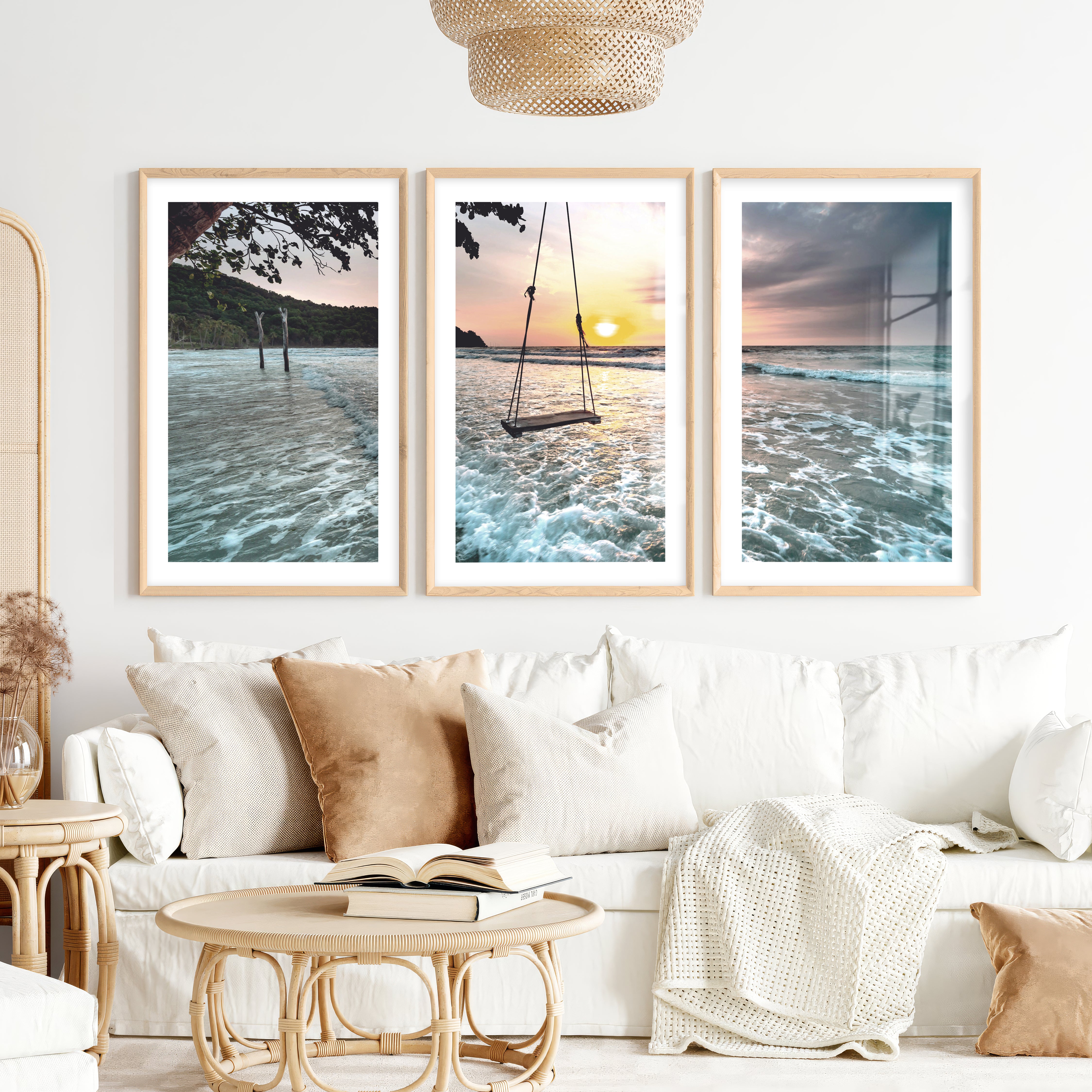 Sunset Beach Swing Coastal Beach Prints- Natural Wood Framed Poster with White Border - Artworksets