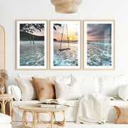 Sunset Beach Swing Coastal Beach Prints- Natural Wood Framed Poster with White Border - Artworksets