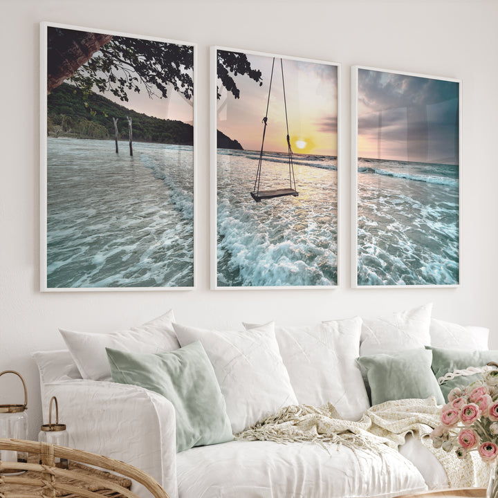 Sunset Beach Swing Coastal Beach Prints - White Framed Poster No Border - Artworksets