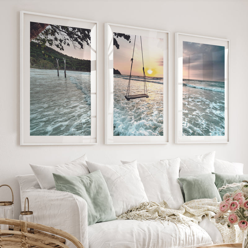 Sunset Beach Swing Coastal Beach Prints - White Framed Poster with White Border - Artworksets