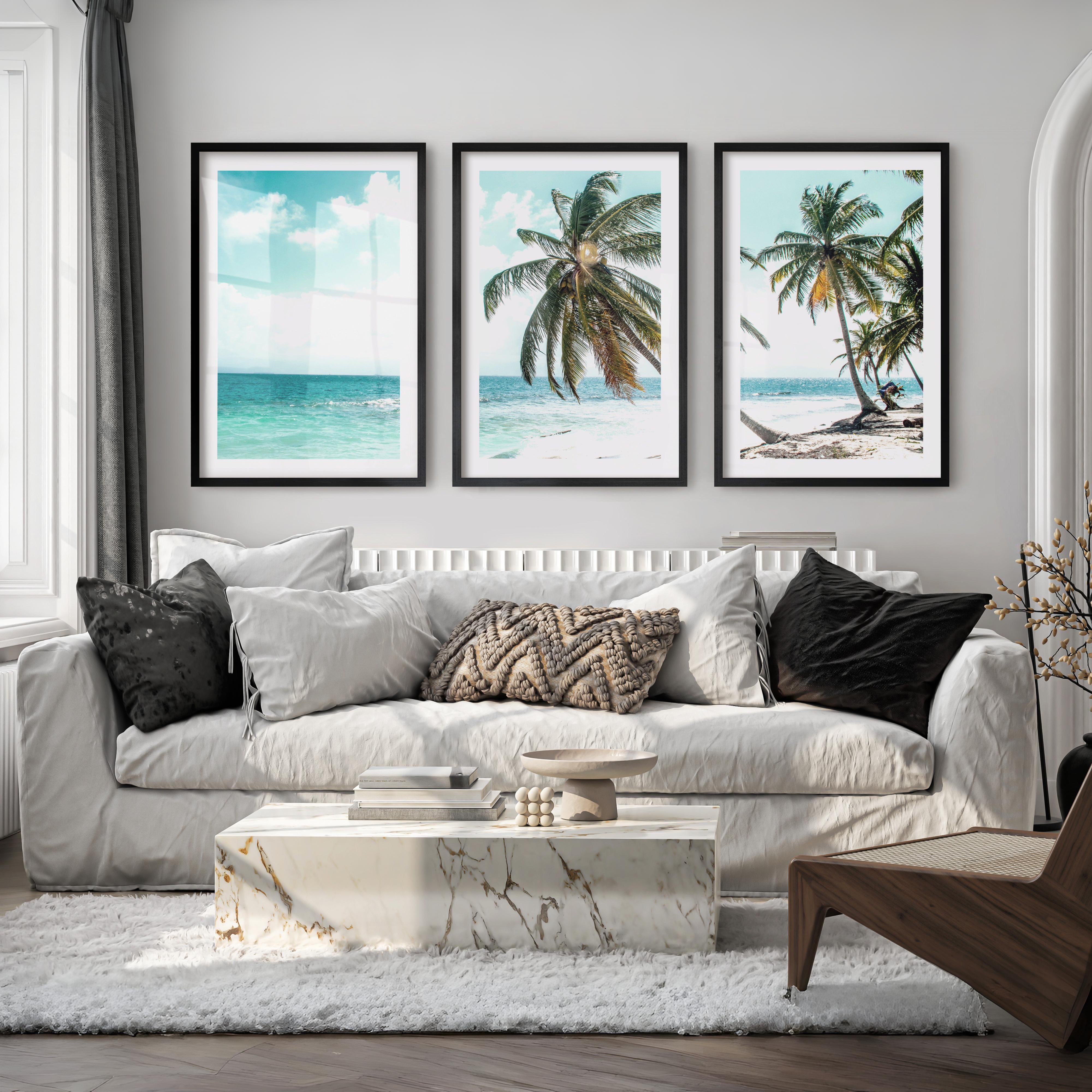 Leaning Palm coastal beach wall art - Black Framed Poster with White Border - Artworksets