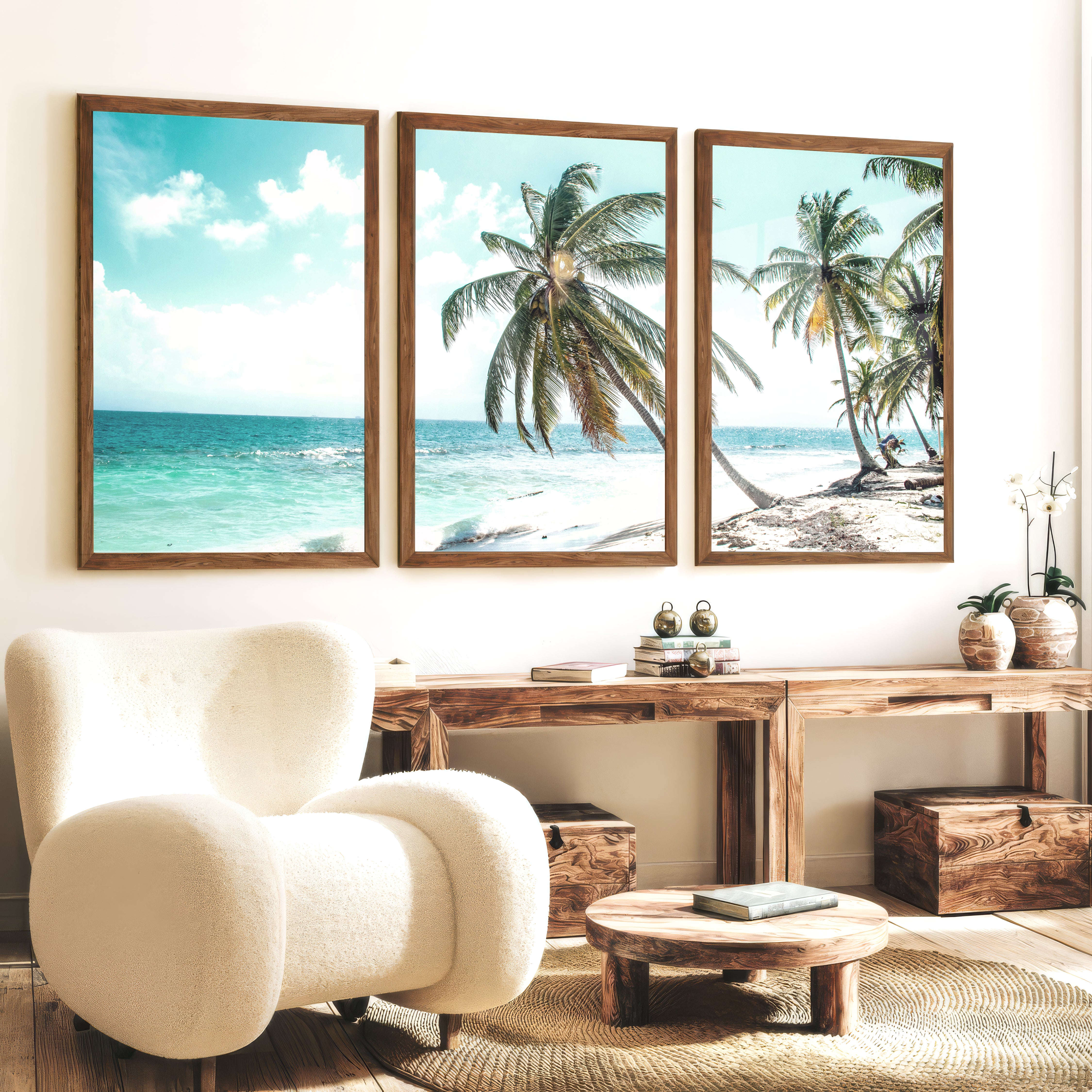 Leaning Palm coastal beach wall art - Dark Brown Framed Poster No Border - Artworksets