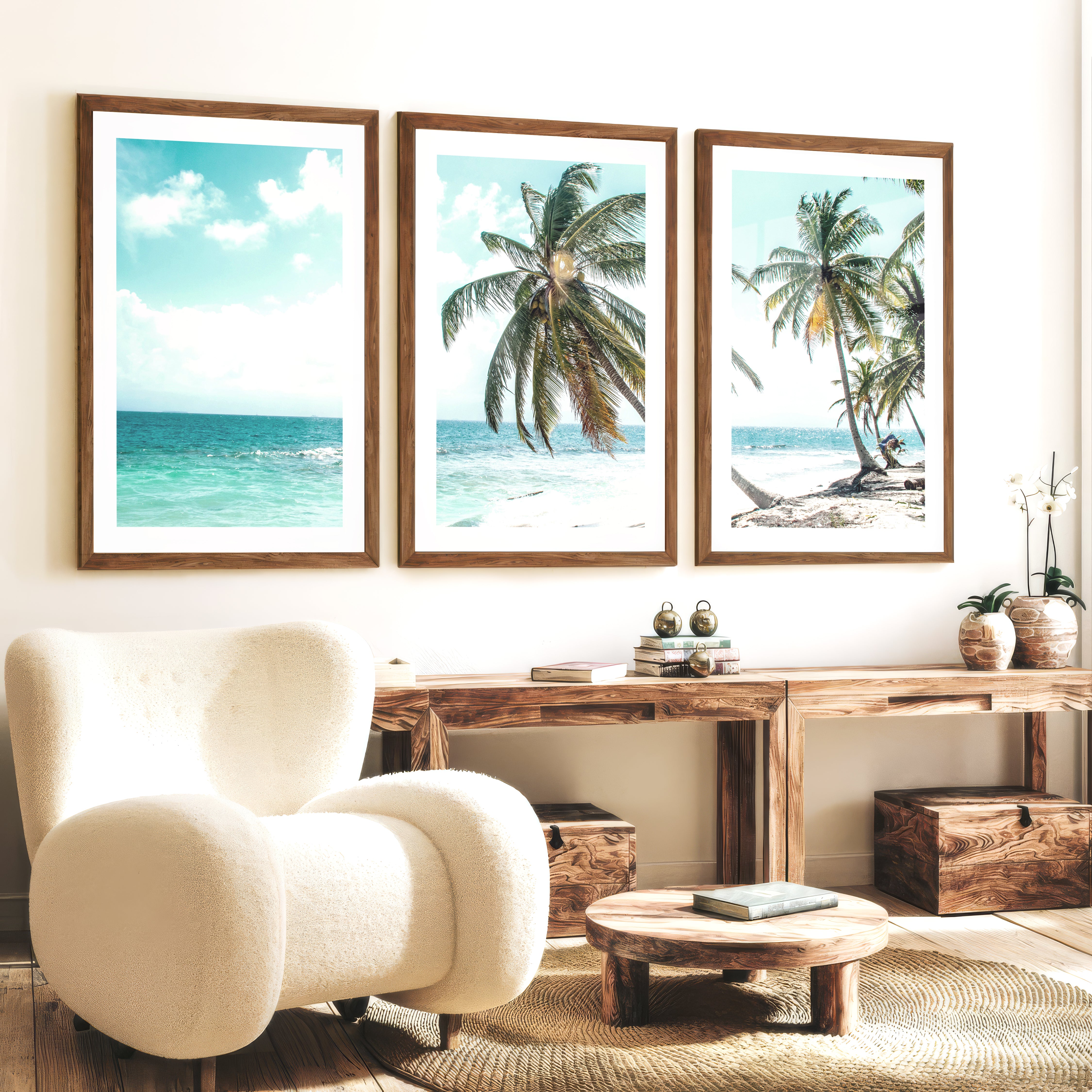Leaning Palm coastal beach wall art - Dark Brown Framed Poster with White Border - Artworksets