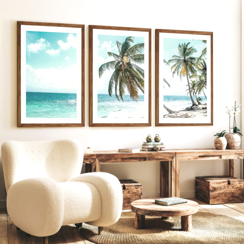 Leaning Palm coastal beach wall art - Dark Brown Framed Poster with White Border - Artworksets