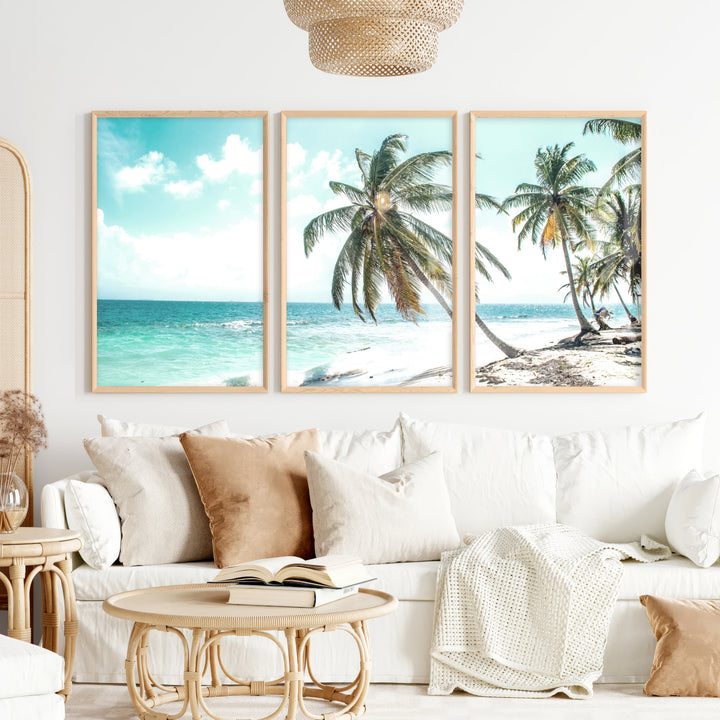 Leaning Palm coastal beach wall art - Natural Wood Framed Poster No Border - Artworksets