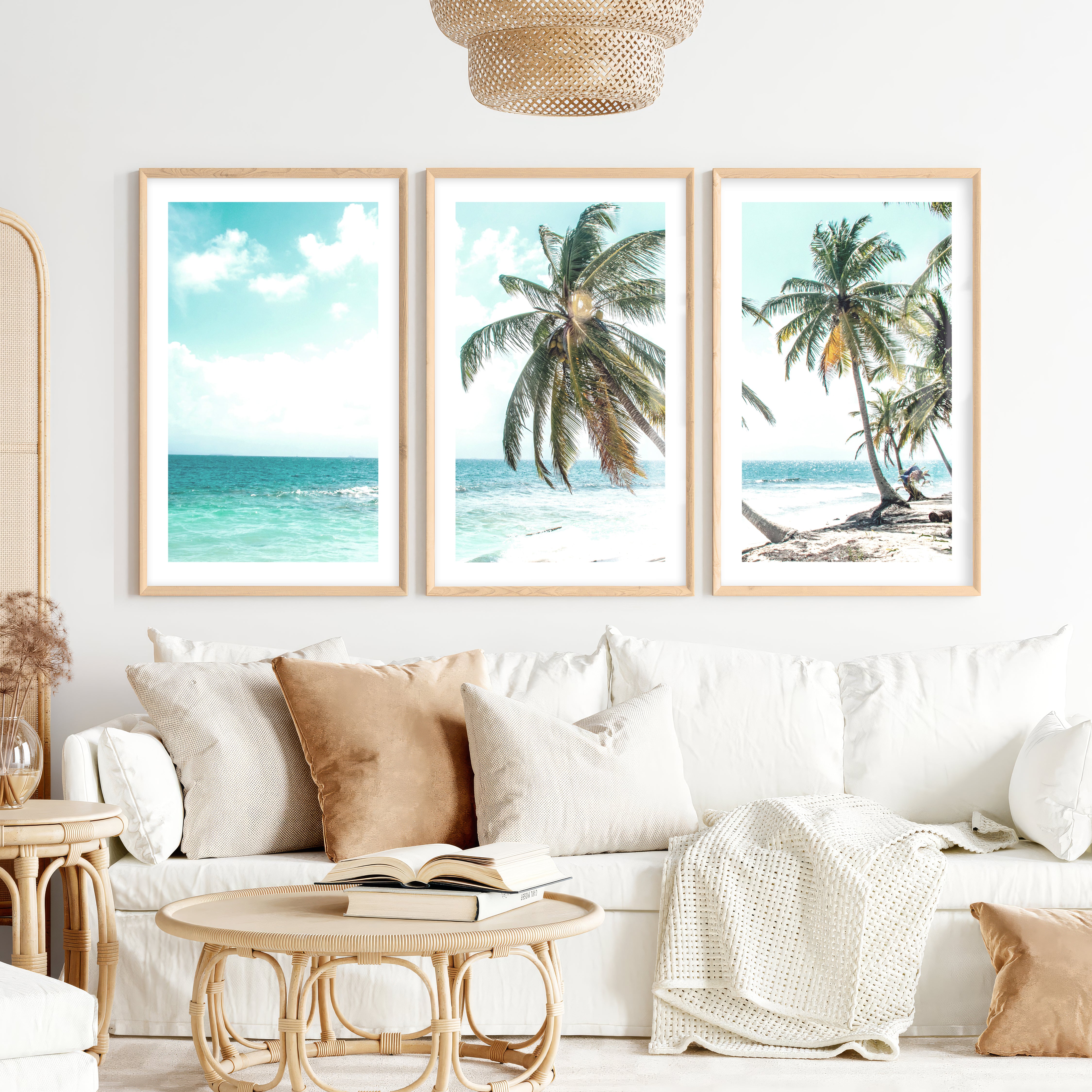 Leaning Palm coastal beach wall art- Natural Wood Framed Poster with White Border - Artworksets