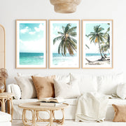 Leaning Palm coastal beach wall art- Natural Wood Framed Poster with White Border - Artworksets