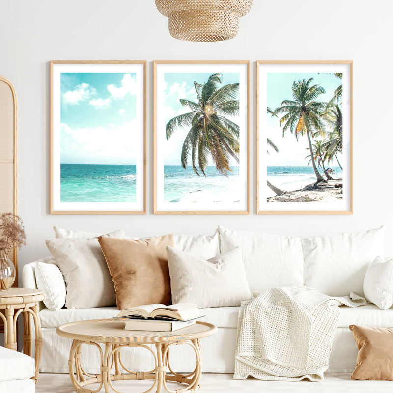 Leaning Palm coastal beach wall art- Natural Wood Framed Poster with White Border - Artworksets