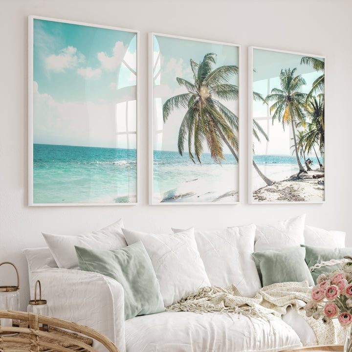 Leaning Palm coastal beach wall art - White Framed Poster No Border - Artworksets