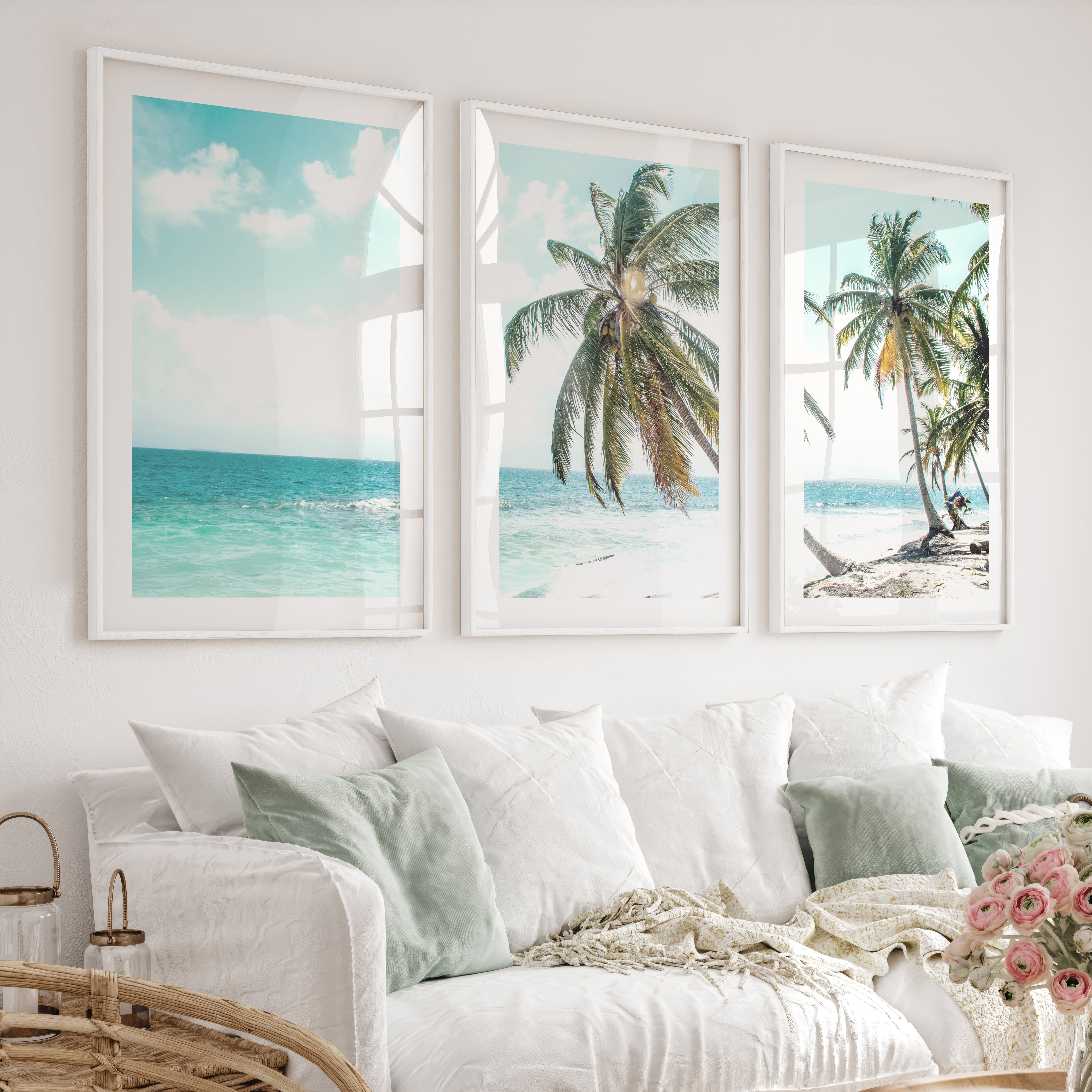 Leaning Palm coastal beach wall art - White Framed Poster with White Border - Artworksets