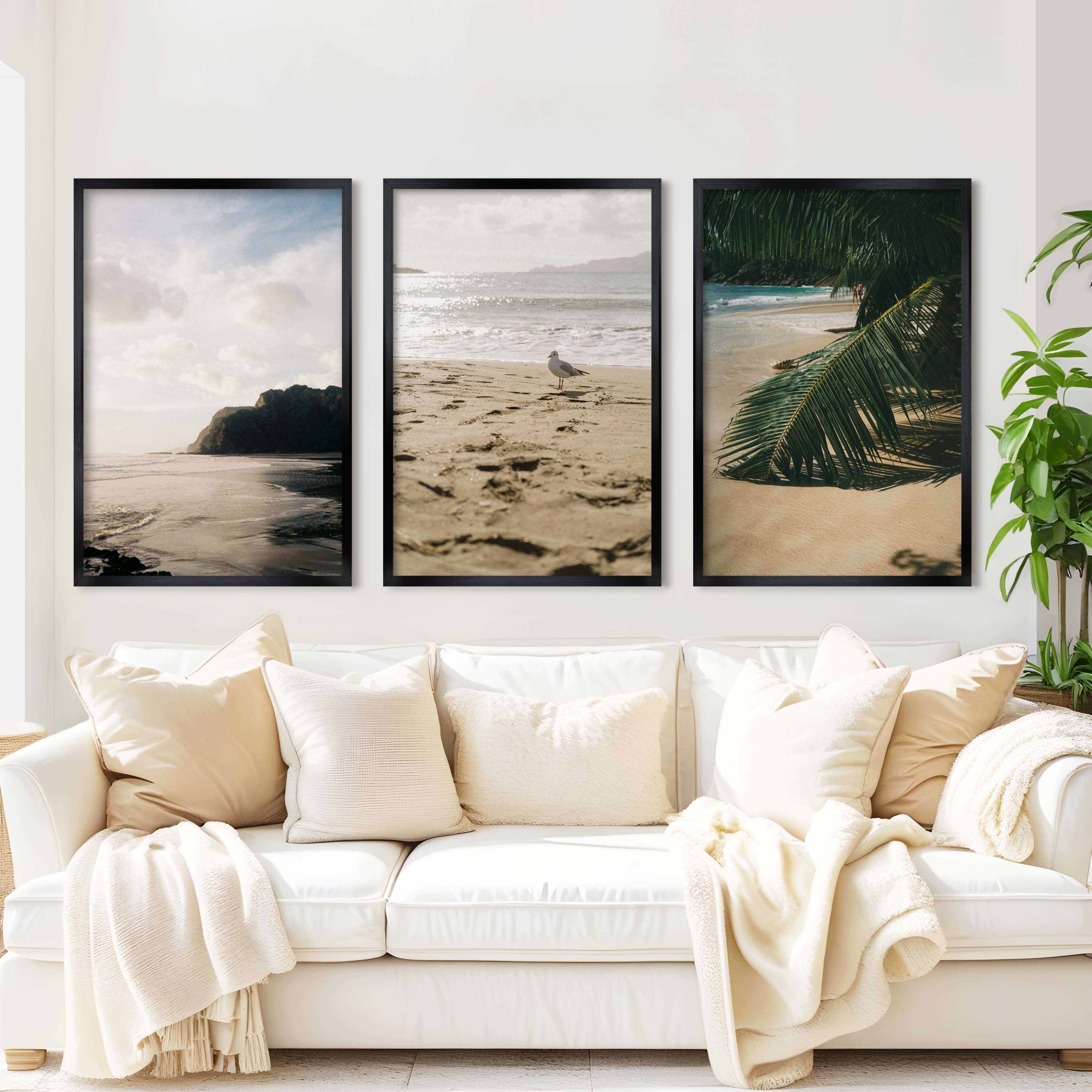Coastal Beach Wall Art – Serene Ocean Photography Set (3 Pieces) - Black Framed Poster No Border - Artworksets