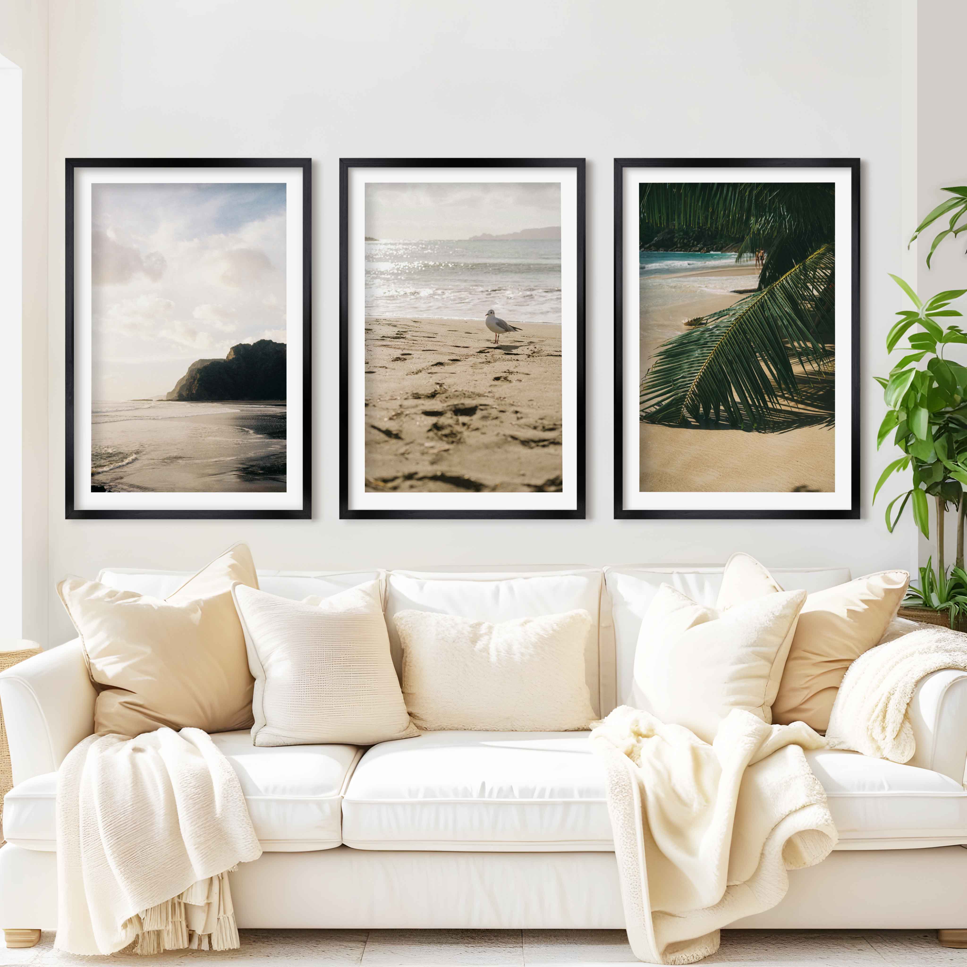 Coastal Beach Wall Art – Serene Ocean Photography Set (3 Pieces) - Black Framed Poster with White Border - Artworksets