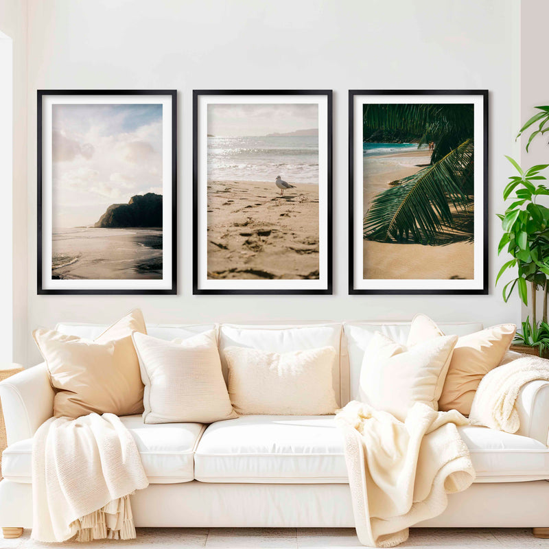 Coastal Beach Wall Art – Serene Ocean Photography Set (3 Pieces) - Black Framed Poster with White Border - Artworksets