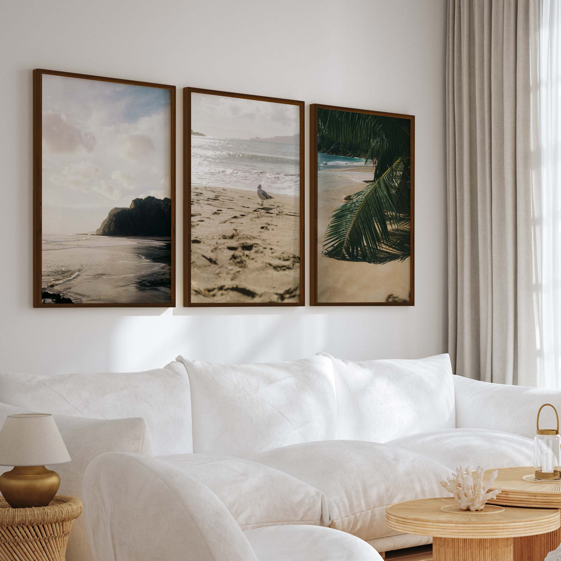 Coastal Beach Wall Art – Serene Ocean Photography Set (3 Pieces) - Dark Brown Framed Poster No Border - Artworksets