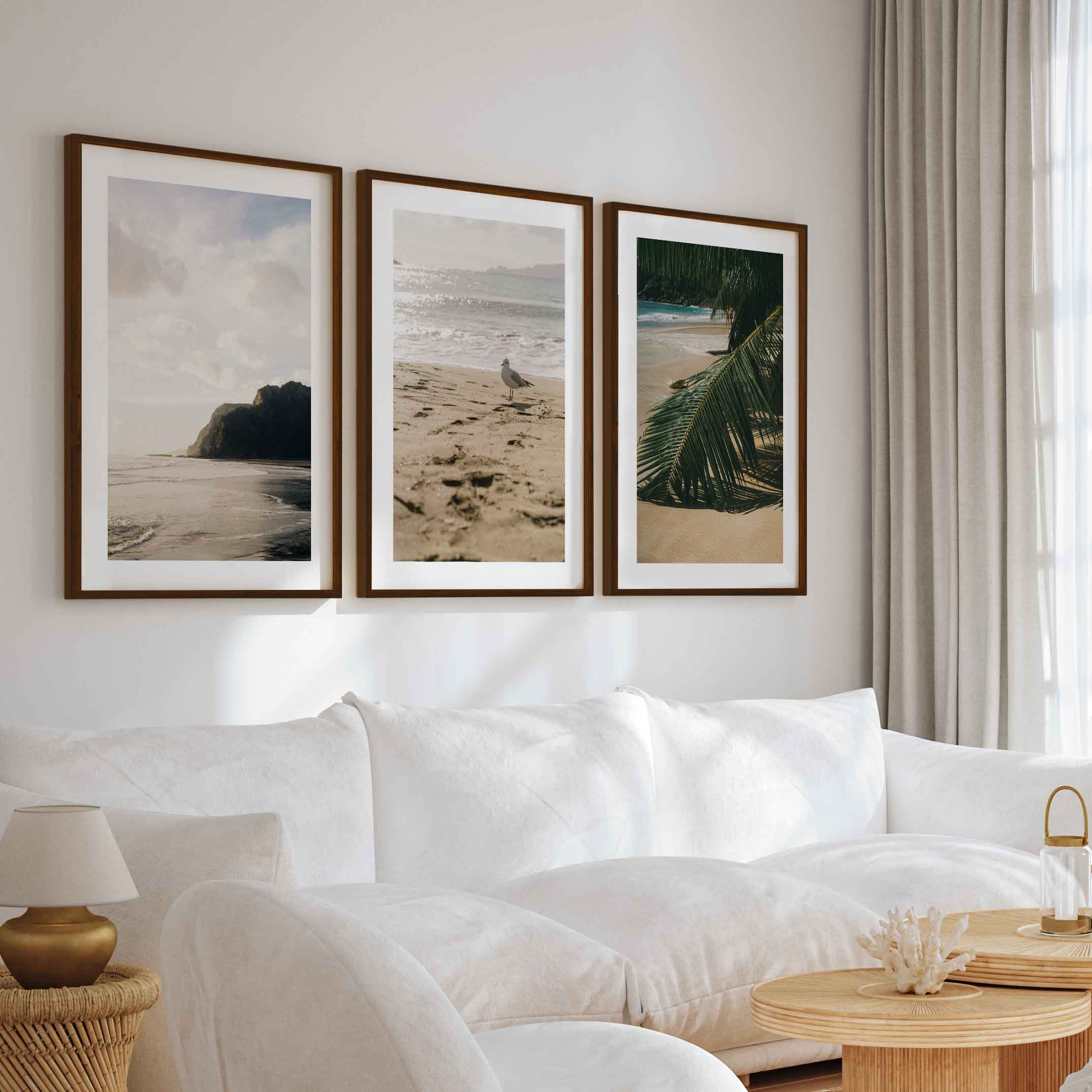Coastal Beach Wall Art – Serene Ocean Photography Set (3 Pieces) - Dark Brown Framed Poster with White Border - Artworksets