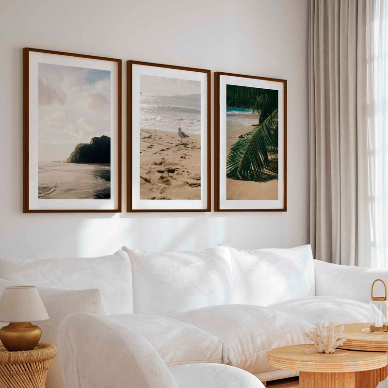 Coastal Beach Wall Art – Serene Ocean Photography Set (3 Pieces) - Dark Brown Framed Poster with White Border - Artworksets