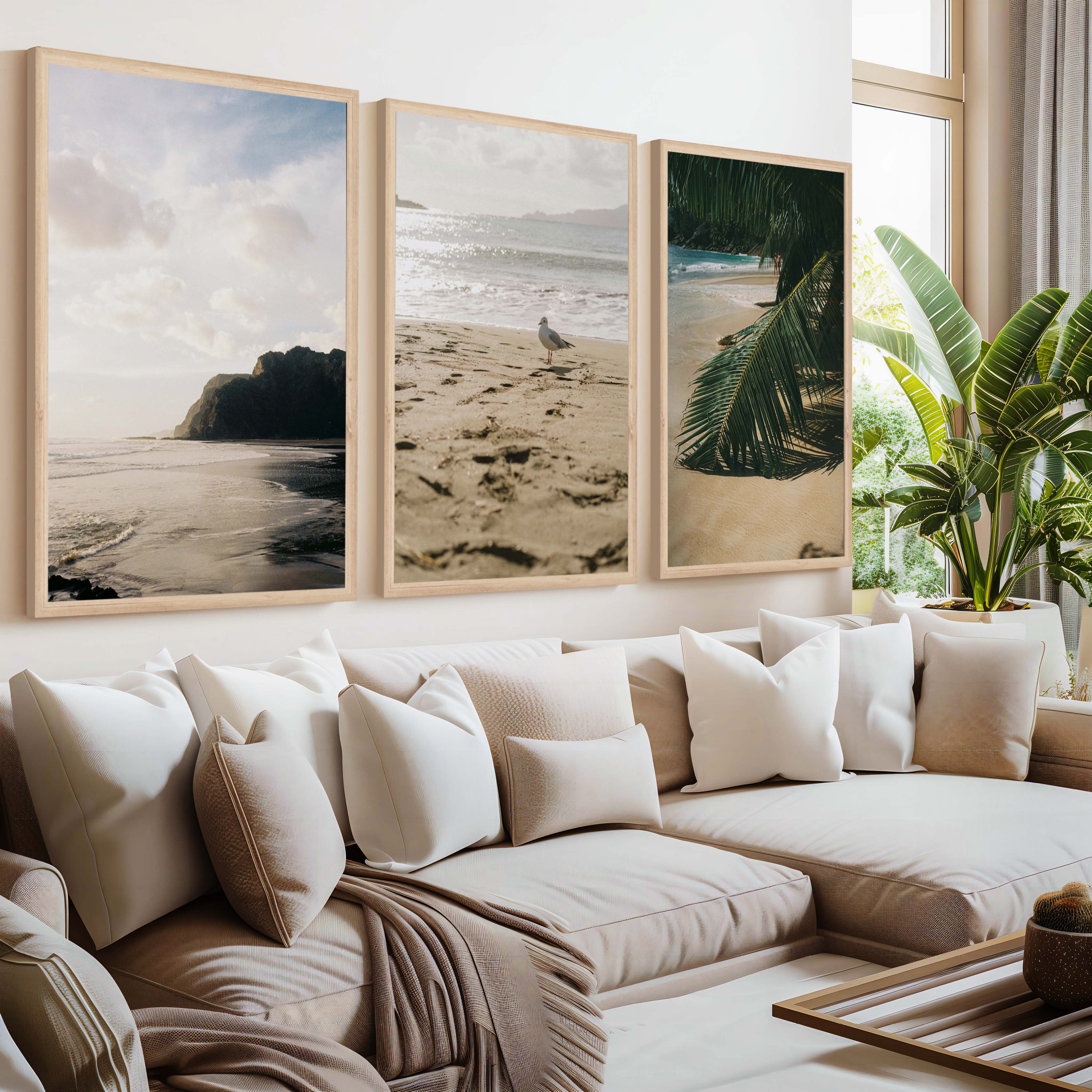 Coastal Beach Wall Art – Serene Ocean Photography Set (3 Pieces) - Natural Wood Framed Poster No Border - Artworksets