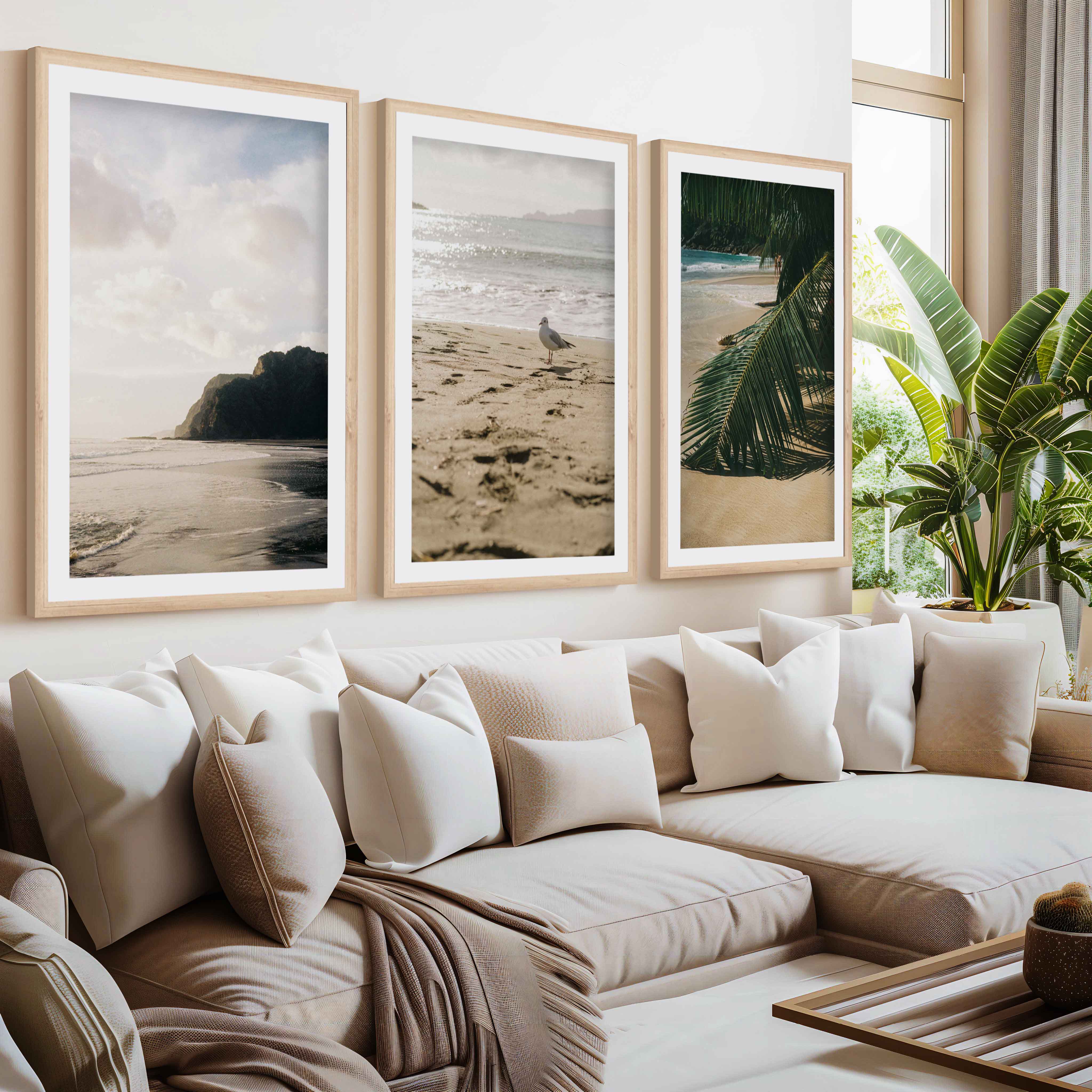 Coastal Beach Wall Art – Serene Ocean Photography Set (3 Pieces)- Natural Wood Framed Poster with White Border - Artworksets