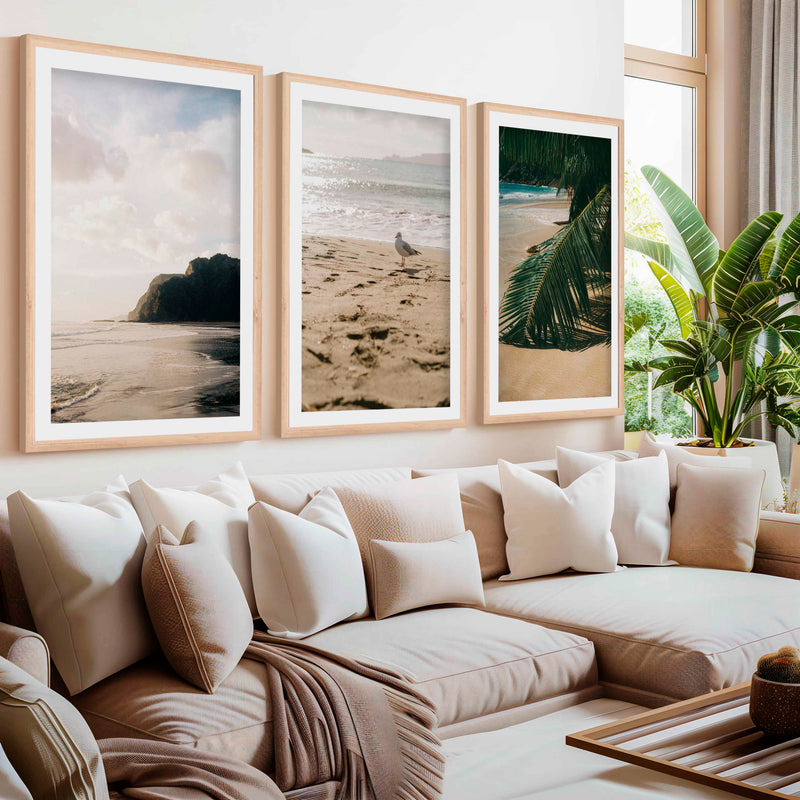Coastal Beach Wall Art – Serene Ocean Photography Set (3 Pieces)- Natural Wood Framed Poster with White Border - Artworksets