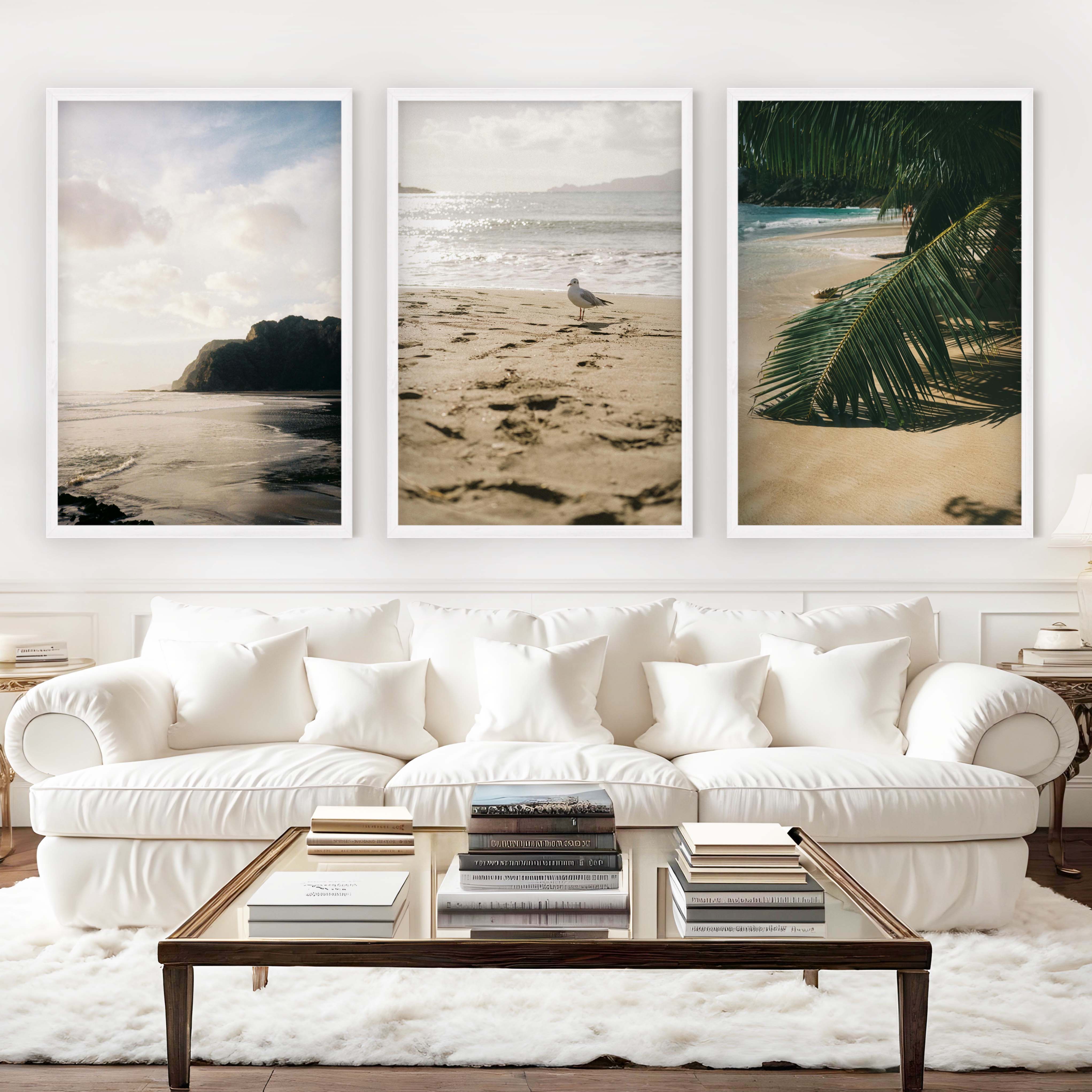 Coastal Beach Wall Art – Serene Ocean Photography Set (3 Pieces) - White Framed Poster No Border - Artworksets