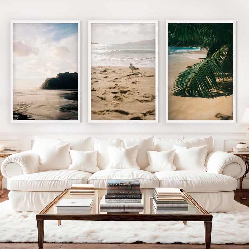 Coastal Beach Wall Art – Serene Ocean Photography Set (3 Pieces) - White Framed Poster No Border - Artworksets