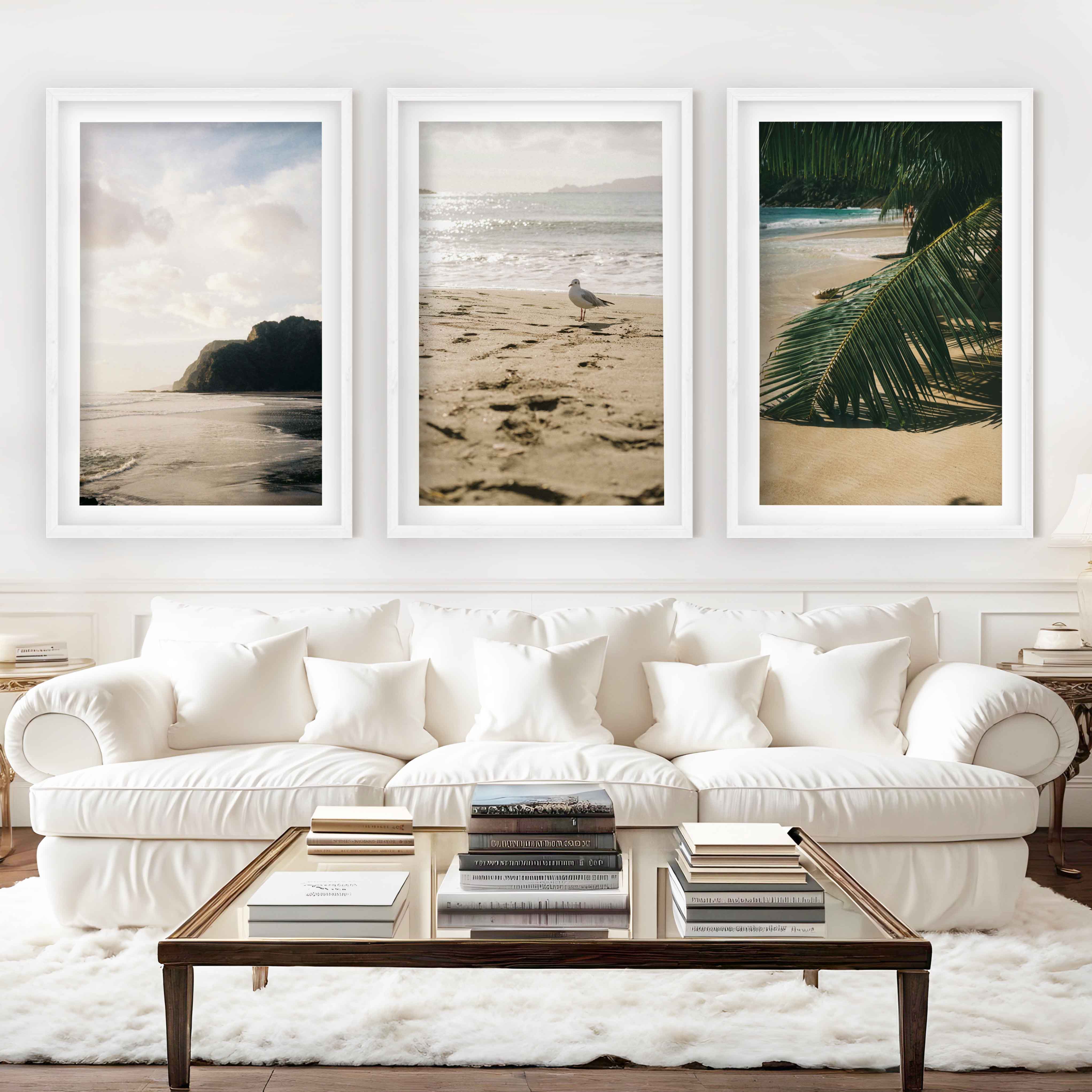 Coastal Beach Wall Art – Serene Ocean Photography Set (3 Pieces) - White Framed Poster with White Border - Artworksets