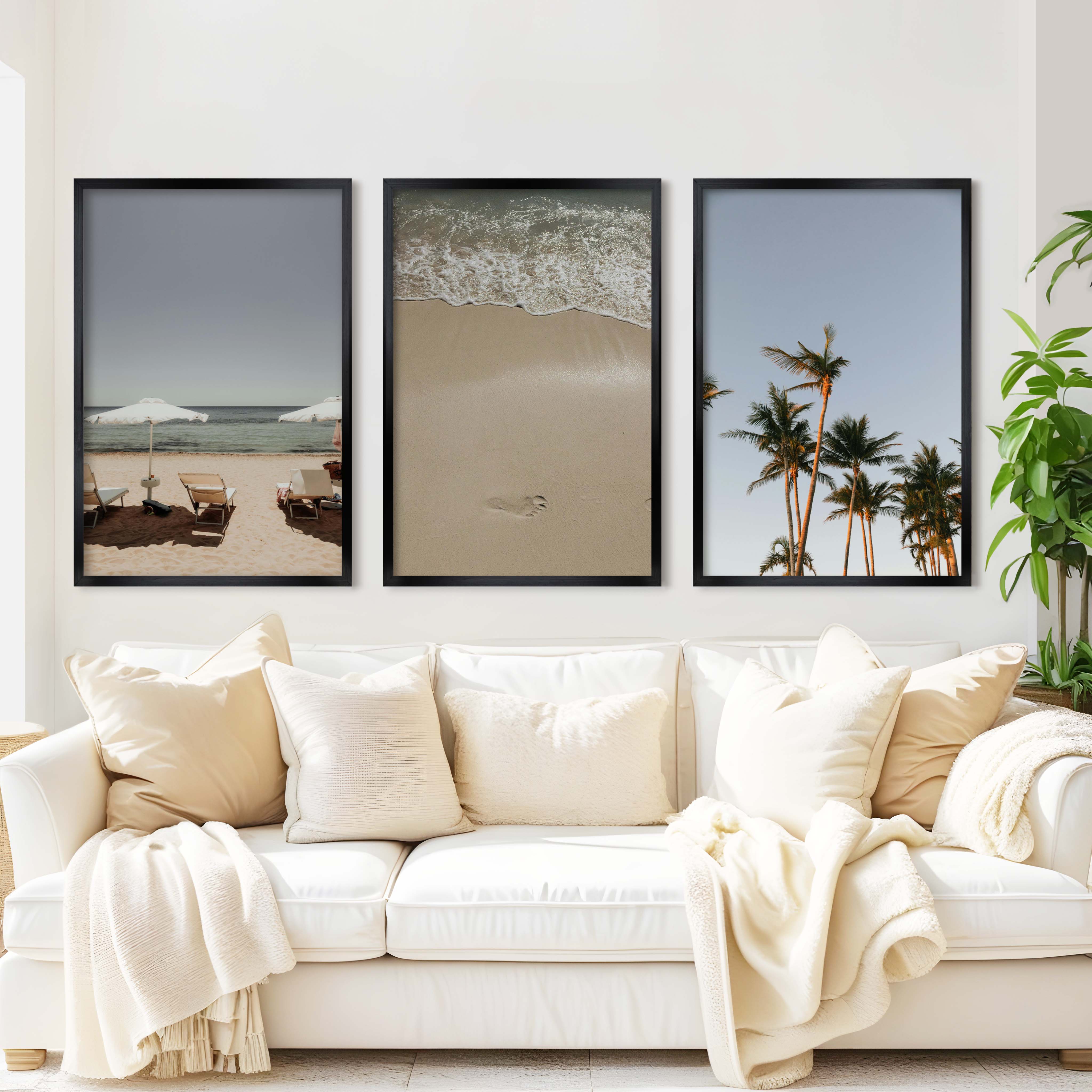 Coastal Beach Wall Decor – Sunbeds, Palms & Footprints (Set of 3) - Black Framed Poster No Border - Artworksets