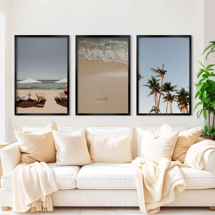 Coastal Beach Wall Decor – Sunbeds, Palms & Footprints (Set of 3) - Black Framed Poster No Border - Artworksets