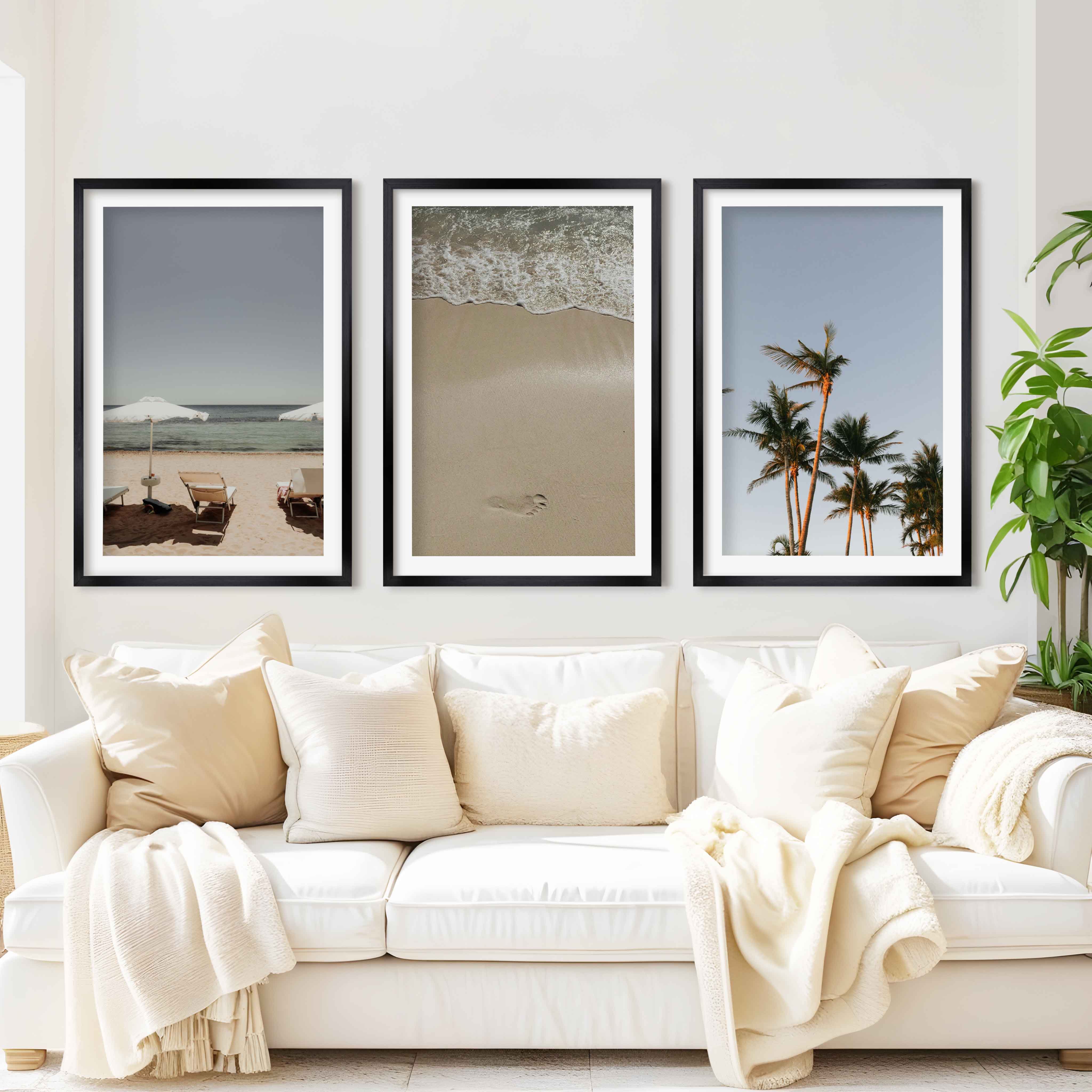 Coastal Beach Wall Decor – Sunbeds, Palms & Footprints (Set of 3) - Black Framed Poster with White Border - Artworksets