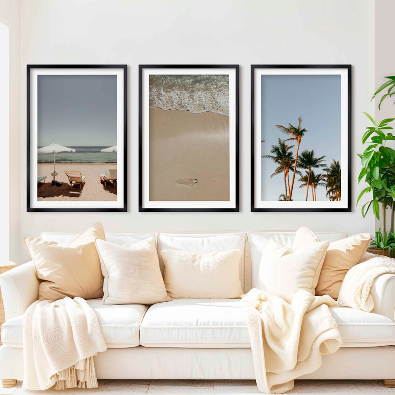 Coastal Beach Wall Decor – Sunbeds, Palms & Footprints (Set of 3) - Black Framed Poster with White Border - Artworksets