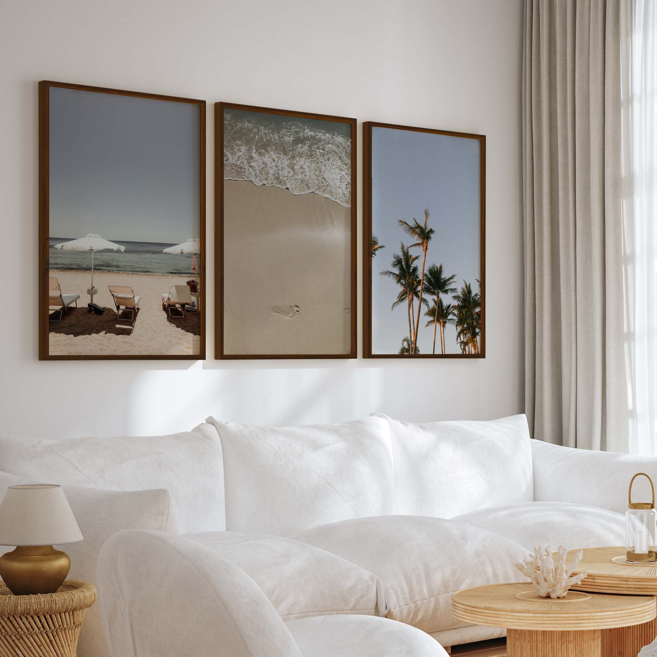 Coastal Beach Wall Decor – Sunbeds, Palms & Footprints (Set of 3) - Dark Brown Framed Poster No Border - Artworksets