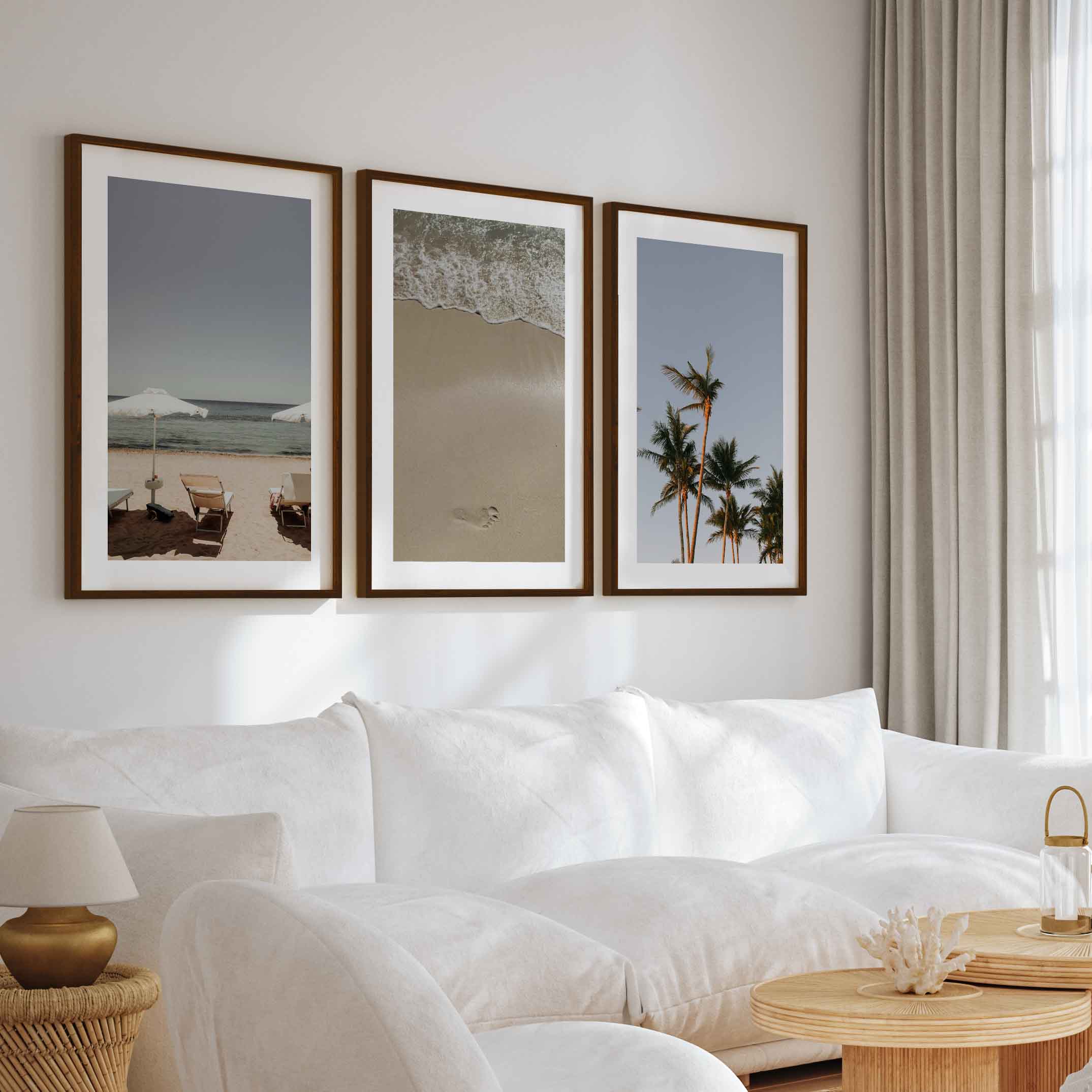 Coastal Beach Wall Decor – Sunbeds, Palms & Footprints (Set of 3) - Dark Brown Framed Poster with White Border - Artworksets
