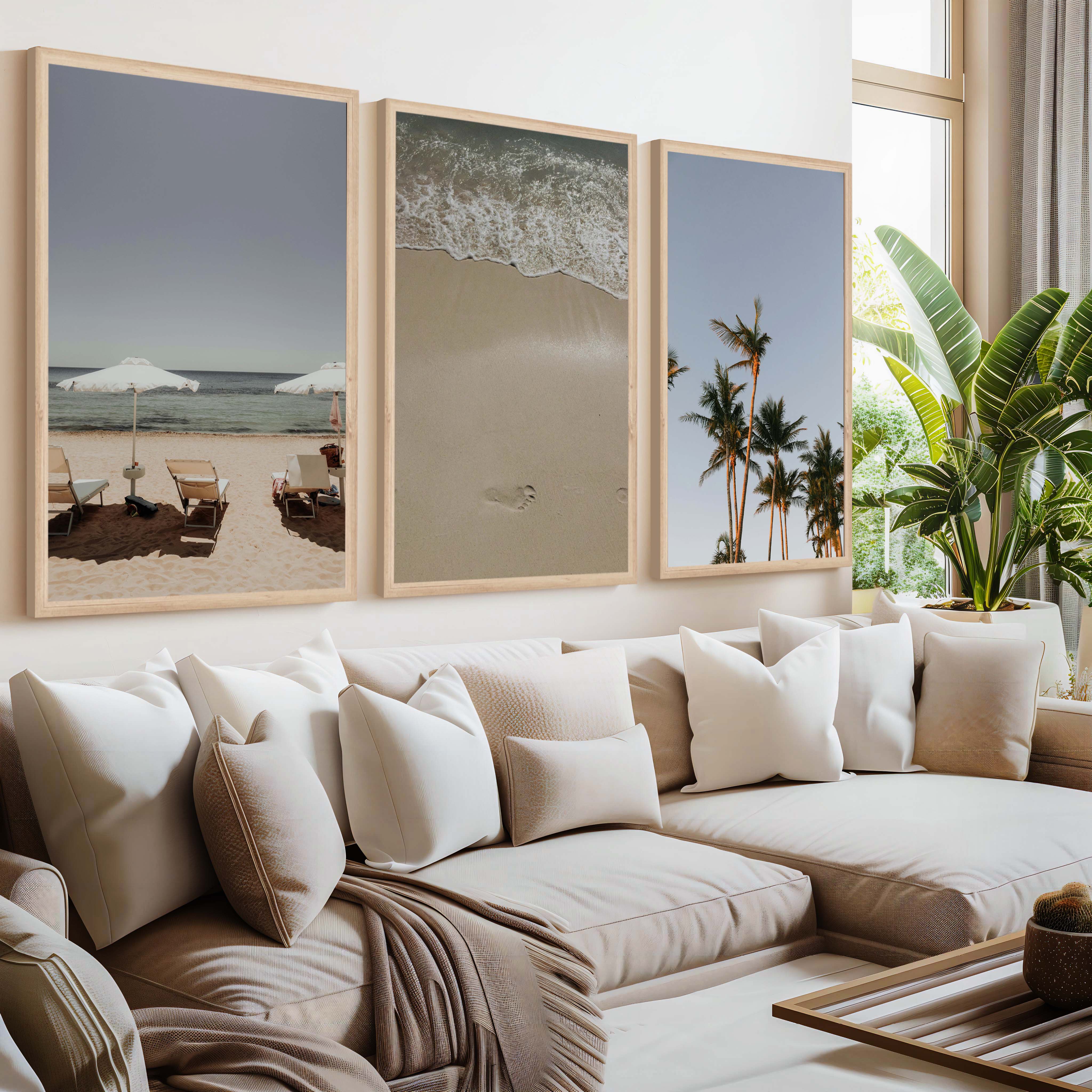 Coastal Beach Wall Decor – Sunbeds, Palms & Footprints (Set of 3) - Natural Wood Framed Poster No Border - Artworksets