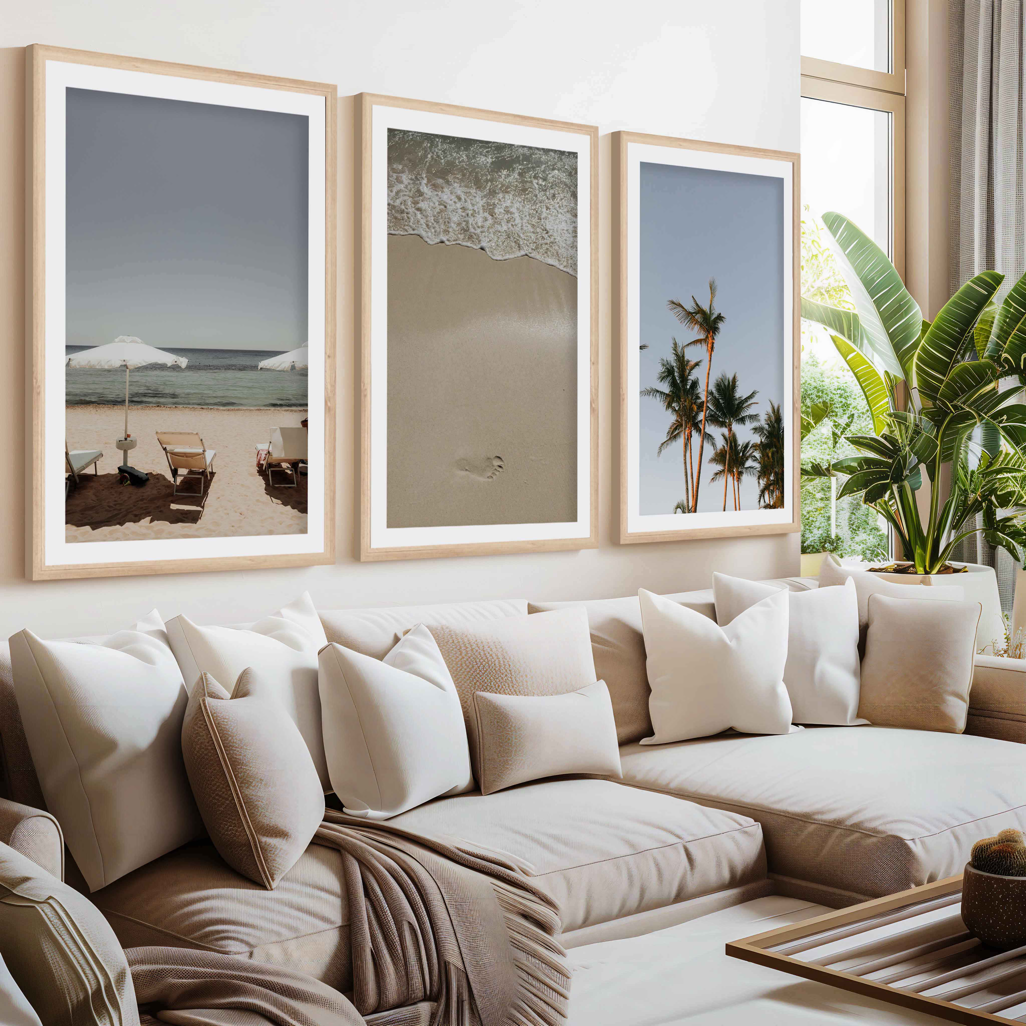 Coastal Beach Wall Decor – Sunbeds, Palms & Footprints (Set of 3)- Natural Wood Framed Poster with White Border - Artworksets