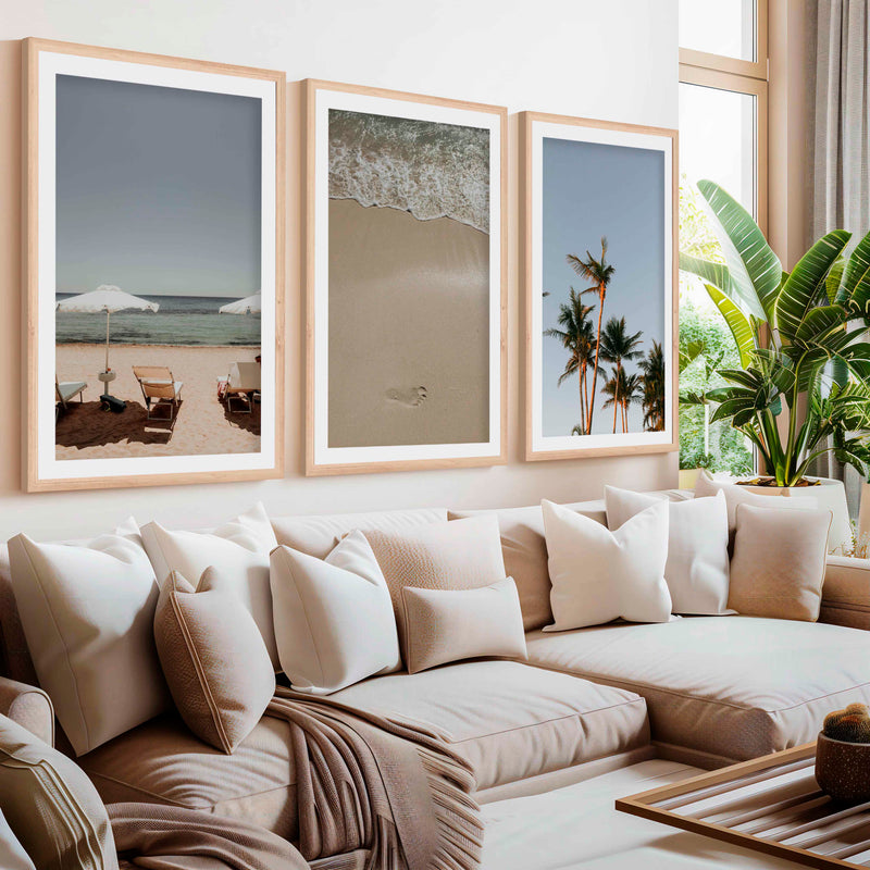 Coastal Beach Wall Decor – Sunbeds, Palms & Footprints (Set of 3)- Natural Wood Framed Poster with White Border - Artworksets