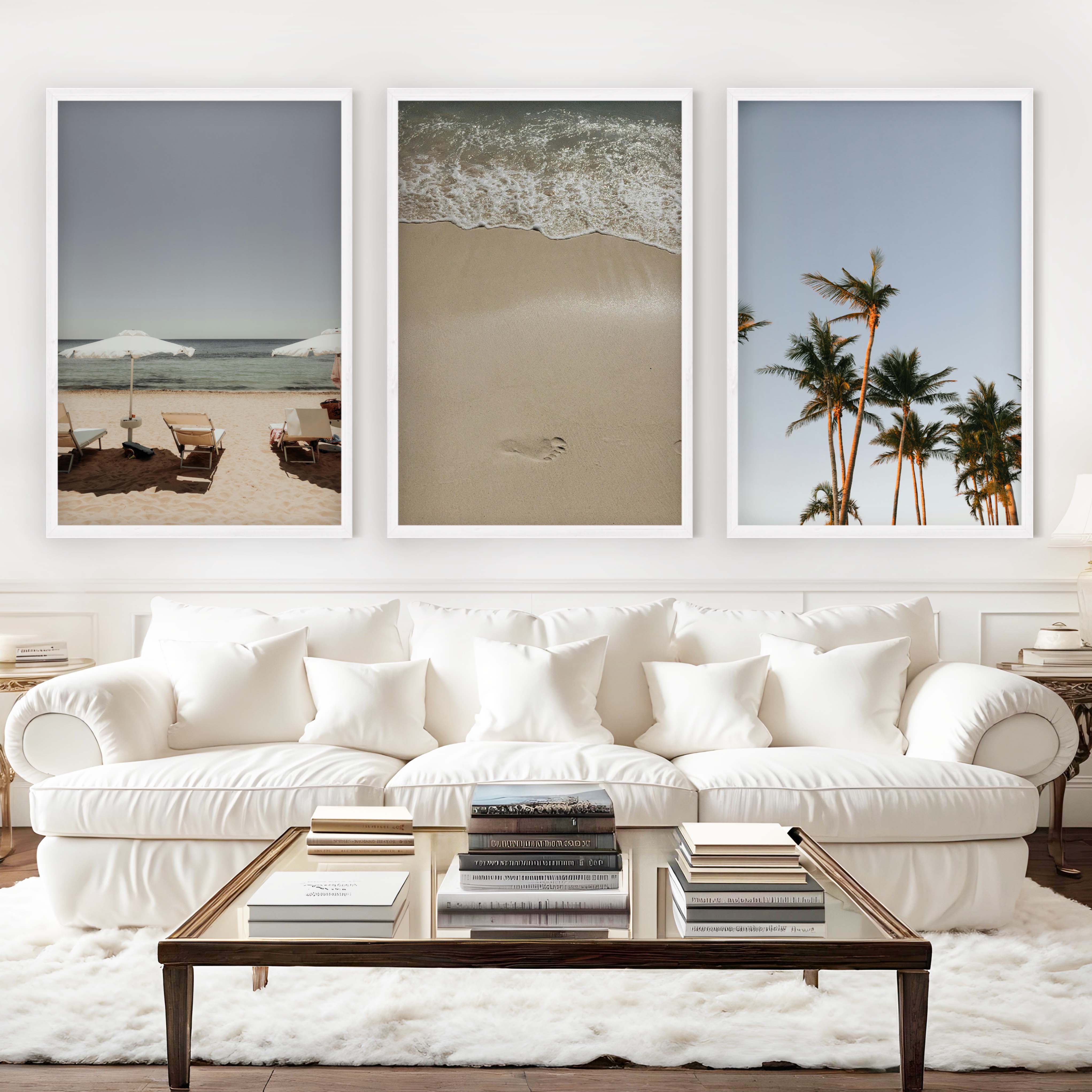 Coastal Beach Wall Decor – Sunbeds, Palms & Footprints (Set of 3) - White Framed Poster No Border - Artworksets